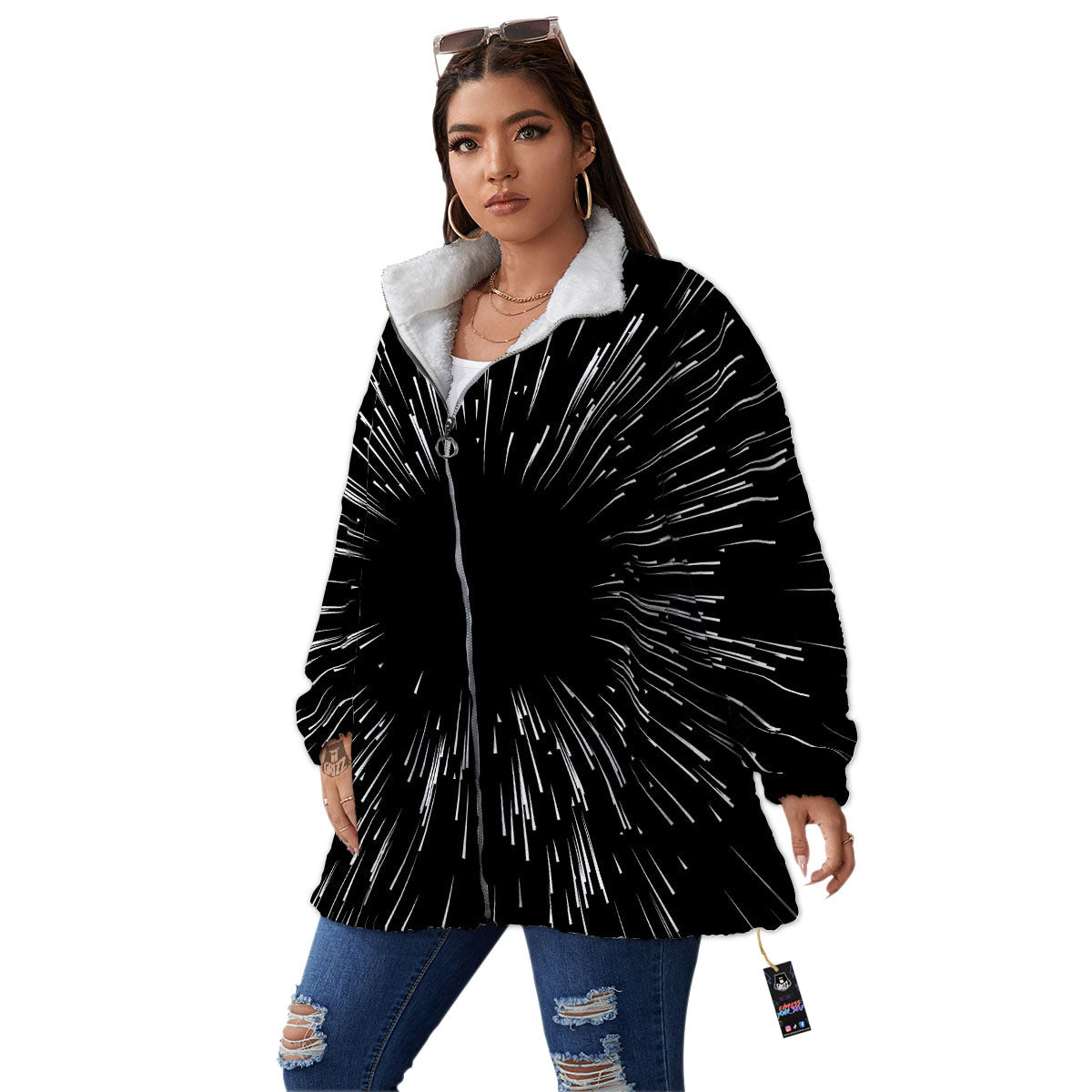 Hyperspace White And Black Print Women's Sherpa Jacket-grizzshop