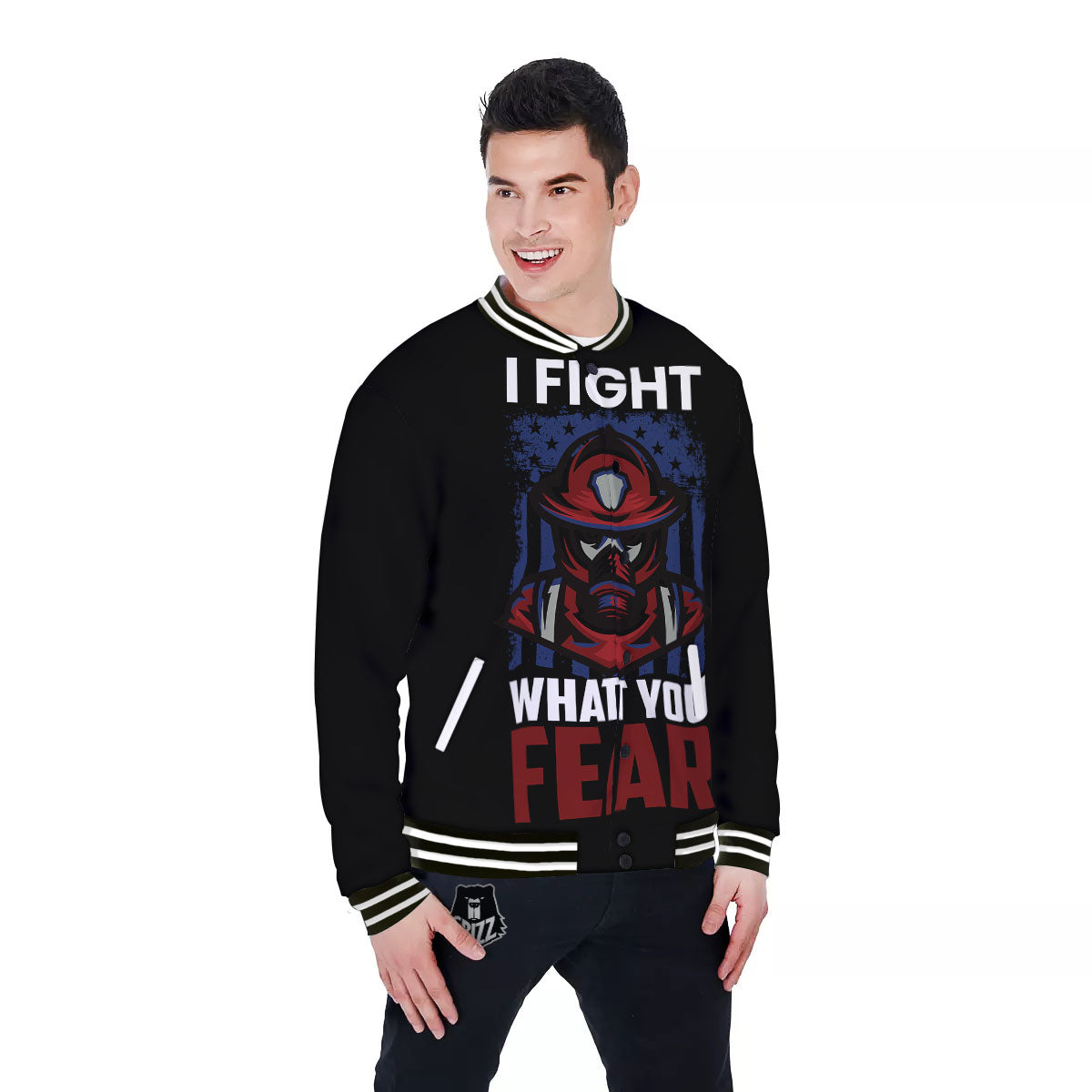 I Fight What You Fear Firefighter Print Baseball Jacket-grizzshop