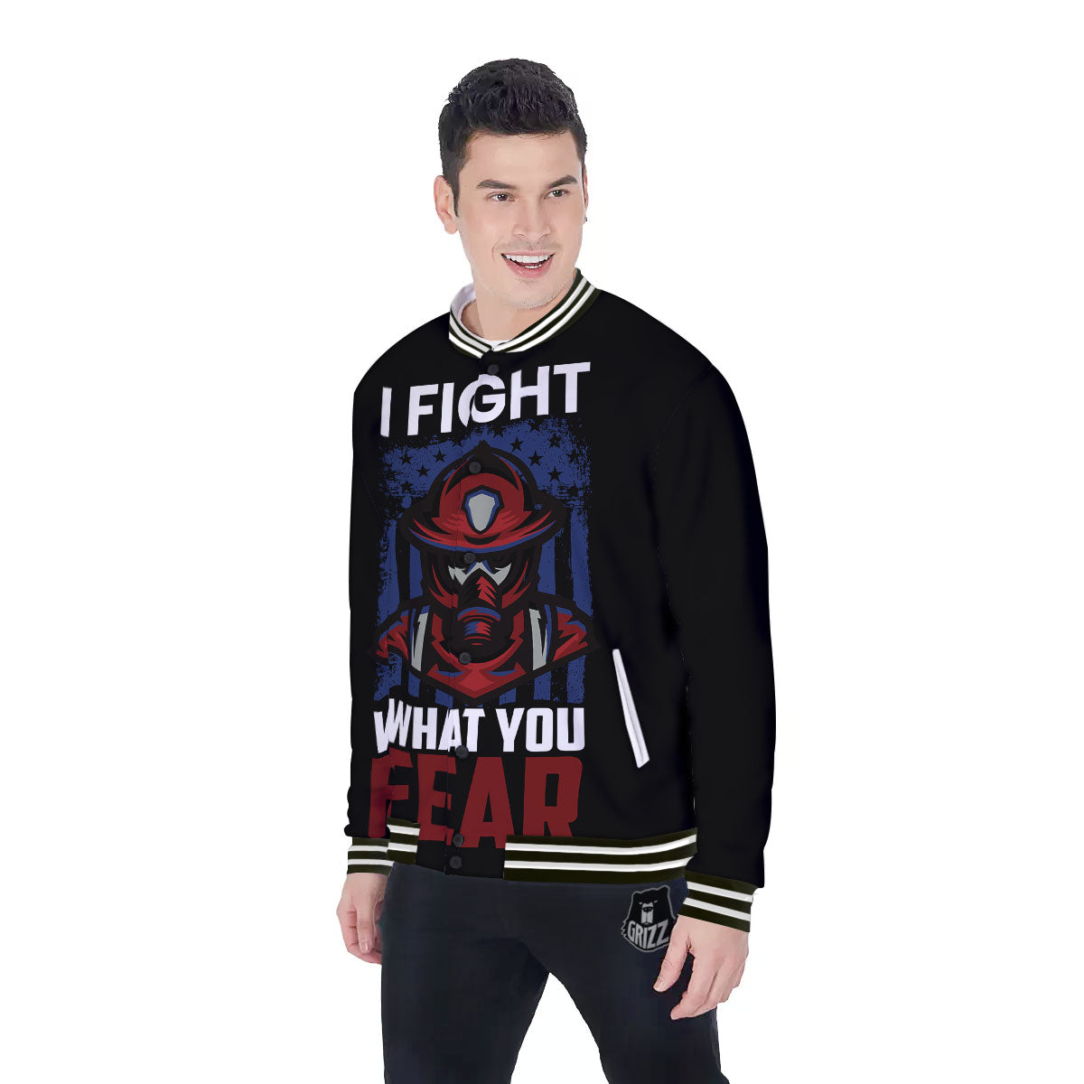 I Fight What You Fear Firefighter Print Baseball Jacket-grizzshop