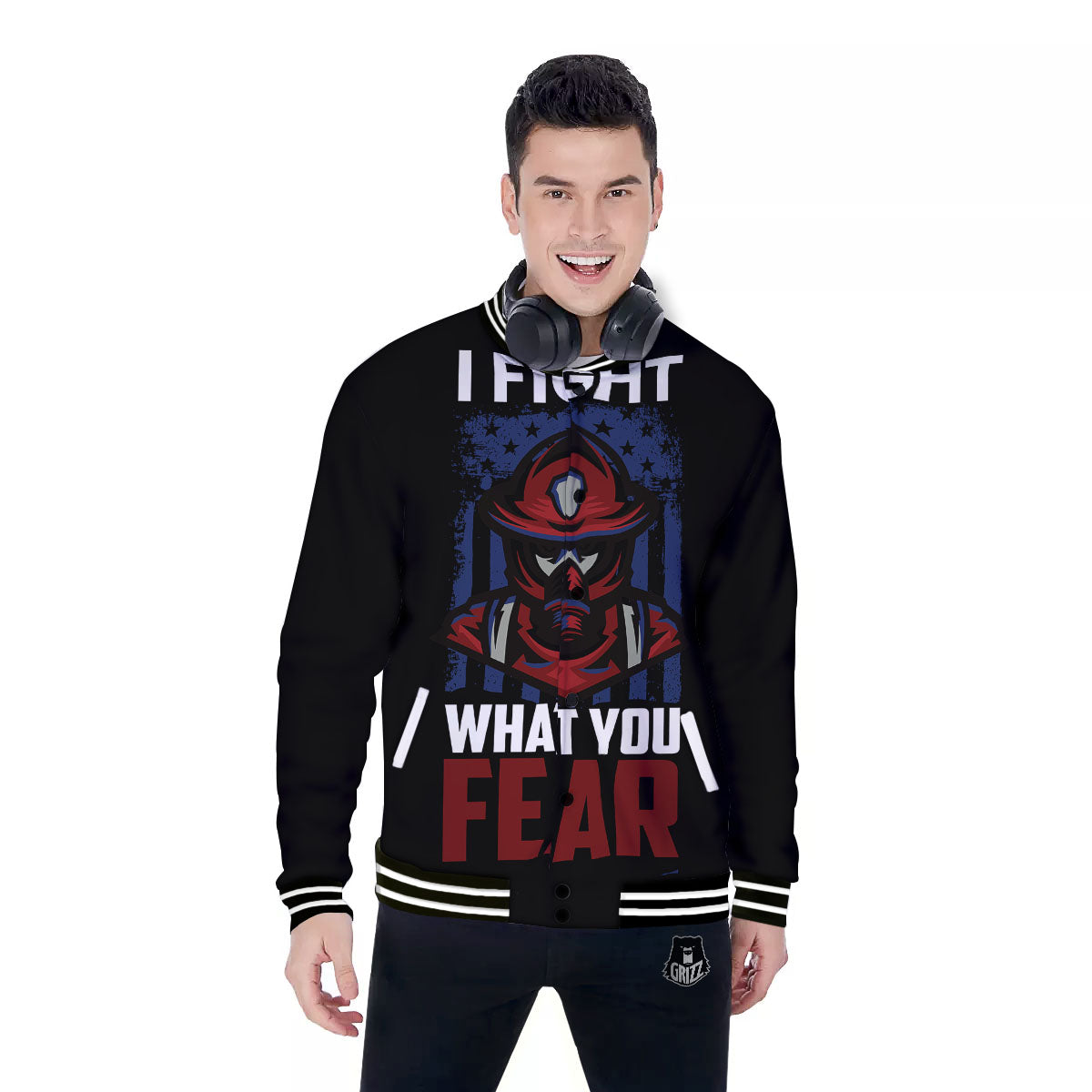 I Fight What You Fear Firefighter Print Baseball Jacket-grizzshop