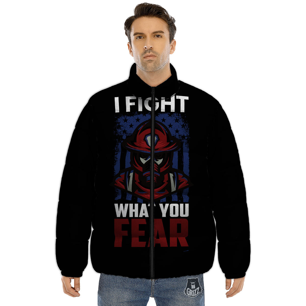 I Fight What You Fear Firefighter Print Puffer Jacket-grizzshop