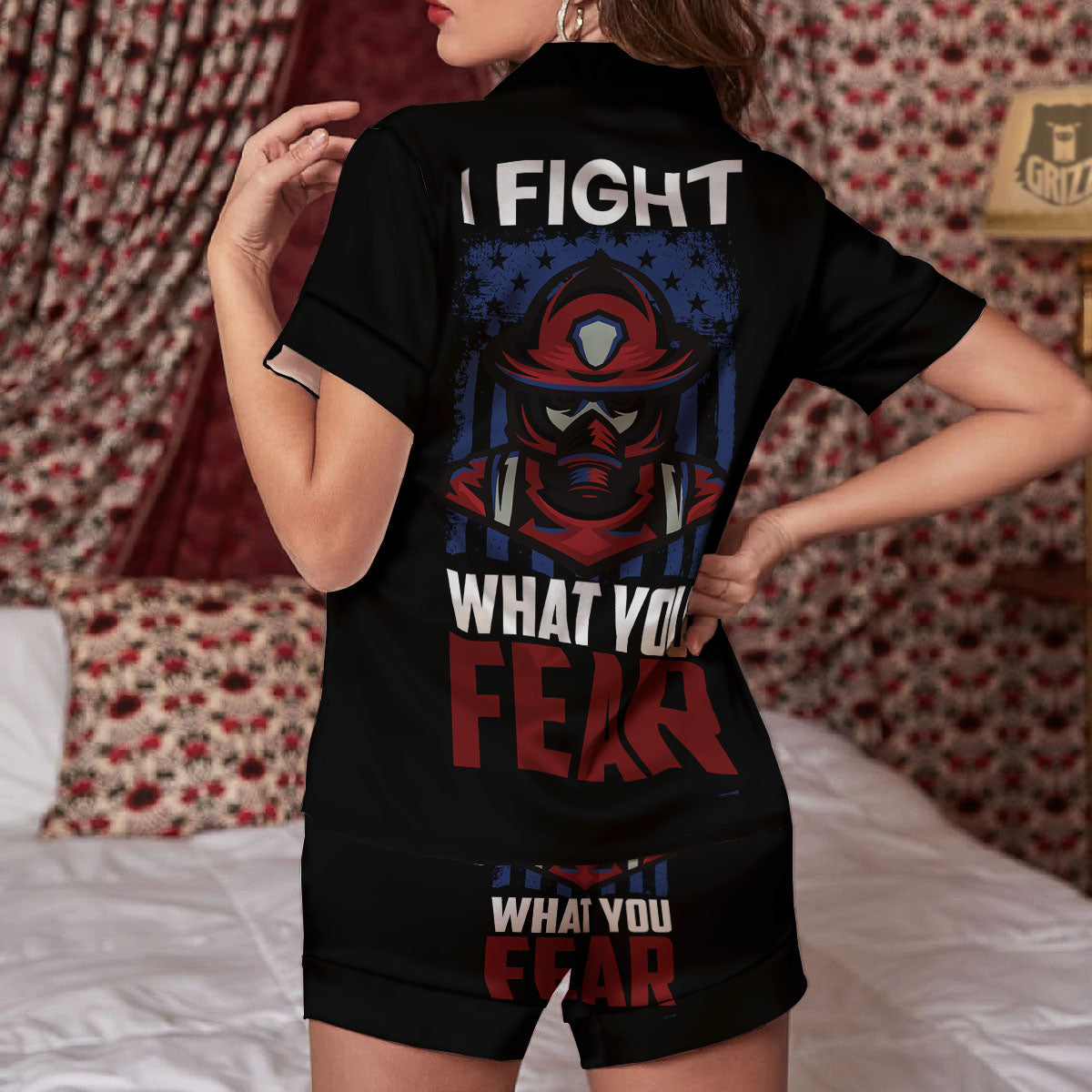 I Fight What You Fear Firefighter Print Women Silk Pajamas-grizzshop