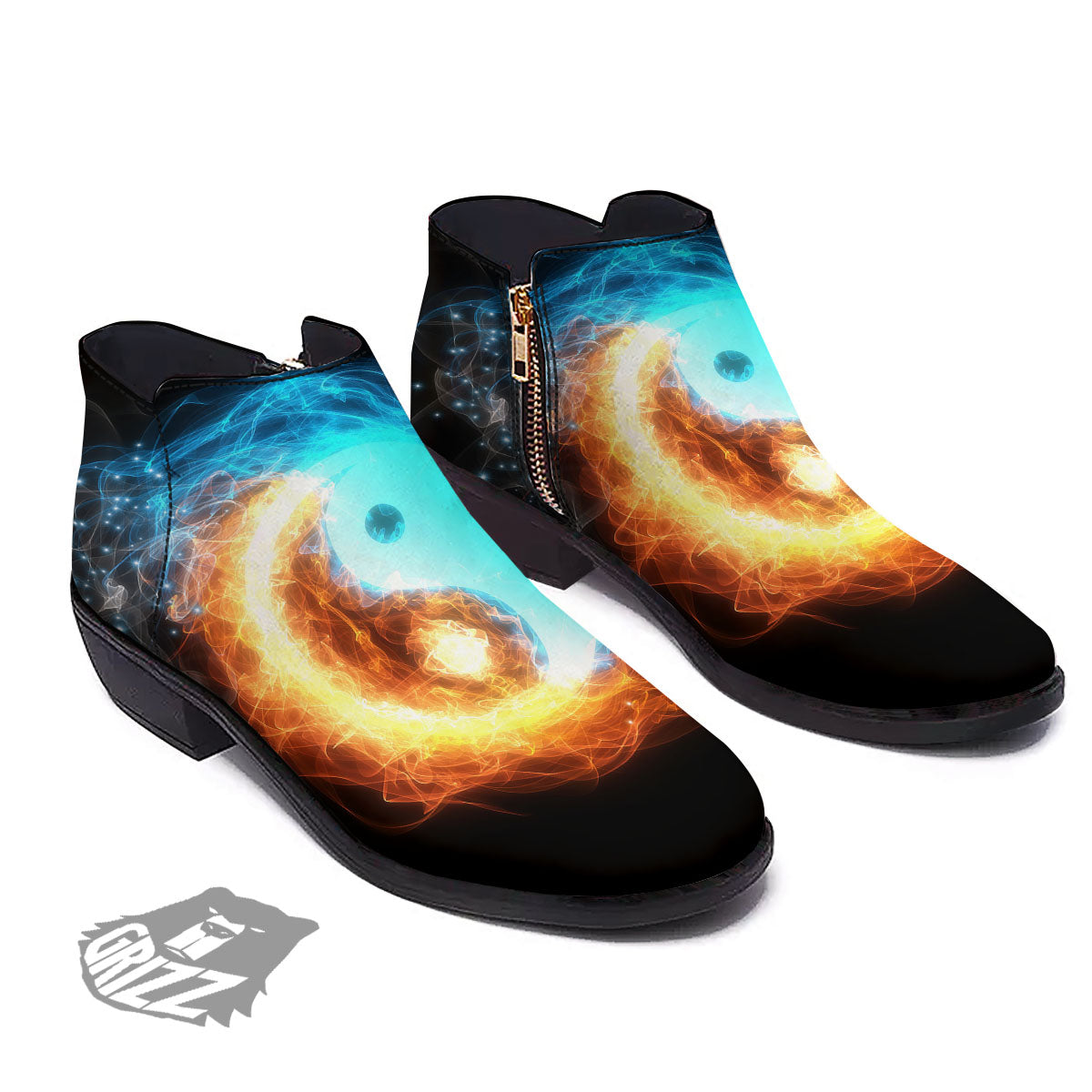 Ice And Fire Sparkle Yin Yang Print Ankle Boots-grizzshop