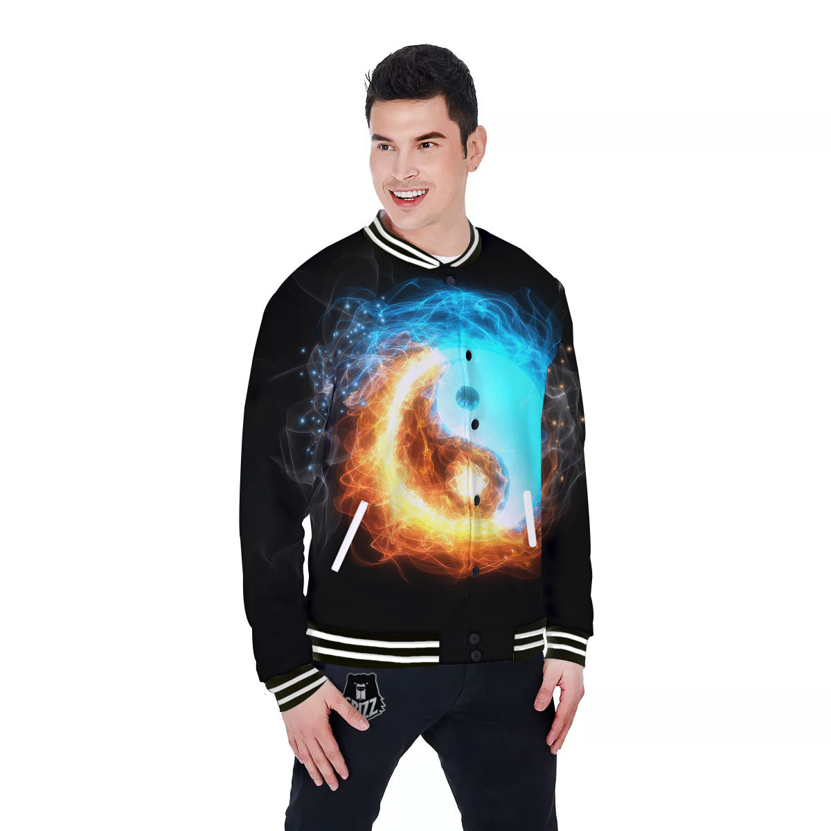 Ice And Fire Sparkle Yin Yang Print Baseball Jacket-grizzshop