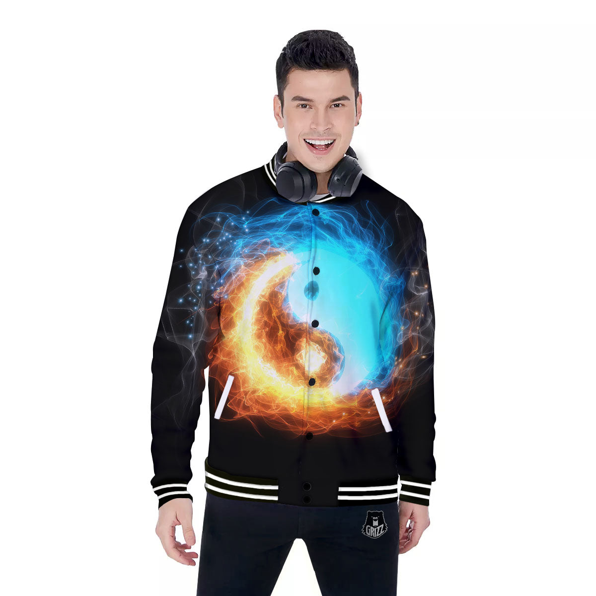 Ice And Fire Sparkle Yin Yang Print Baseball Jacket-grizzshop