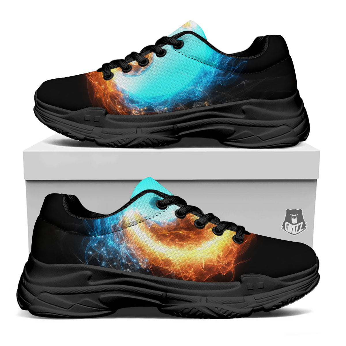 Ice And Fire Sparkle Yin Yang Print Black Chunky Shoes-grizzshop