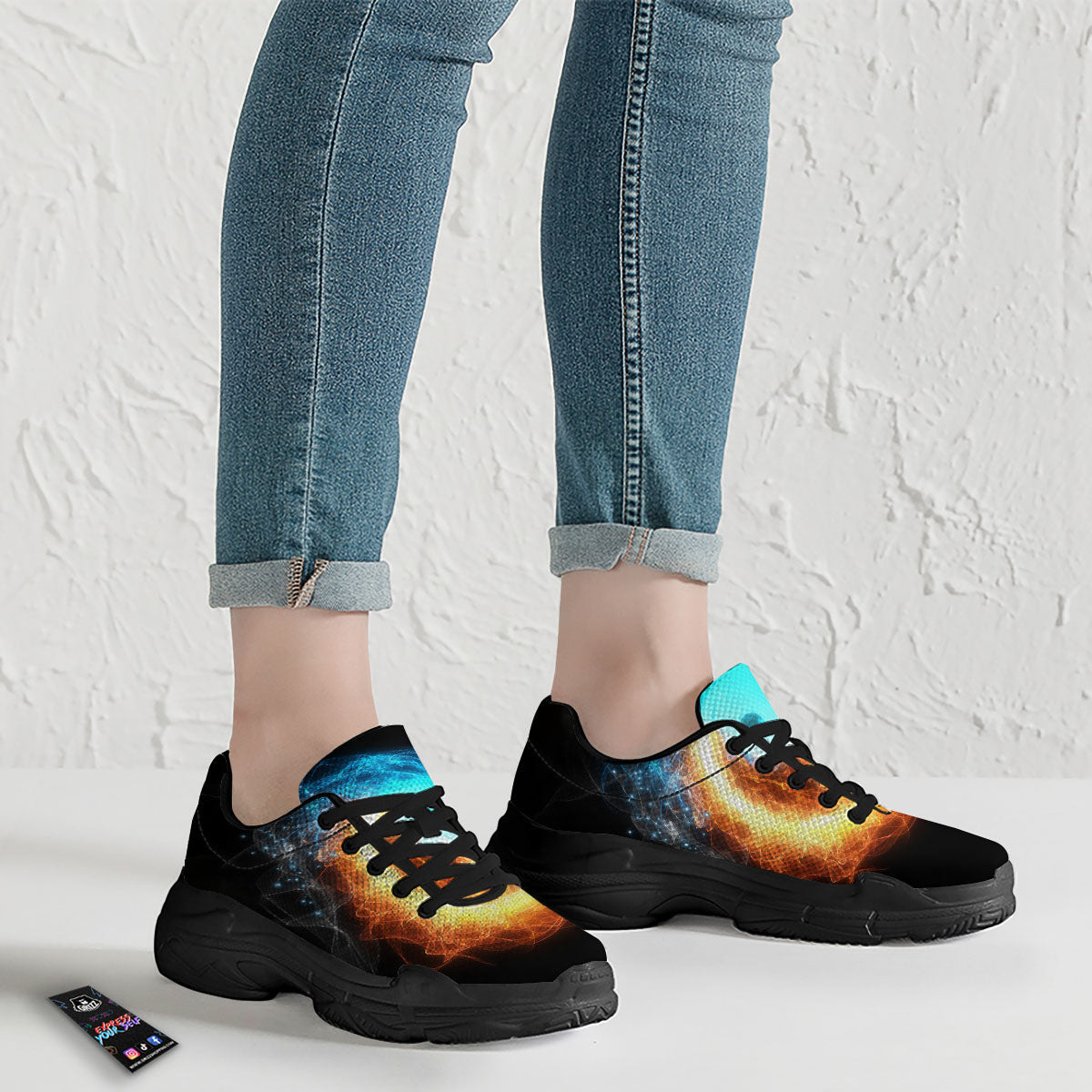 Ice And Fire Sparkle Yin Yang Print Black Chunky Shoes-grizzshop