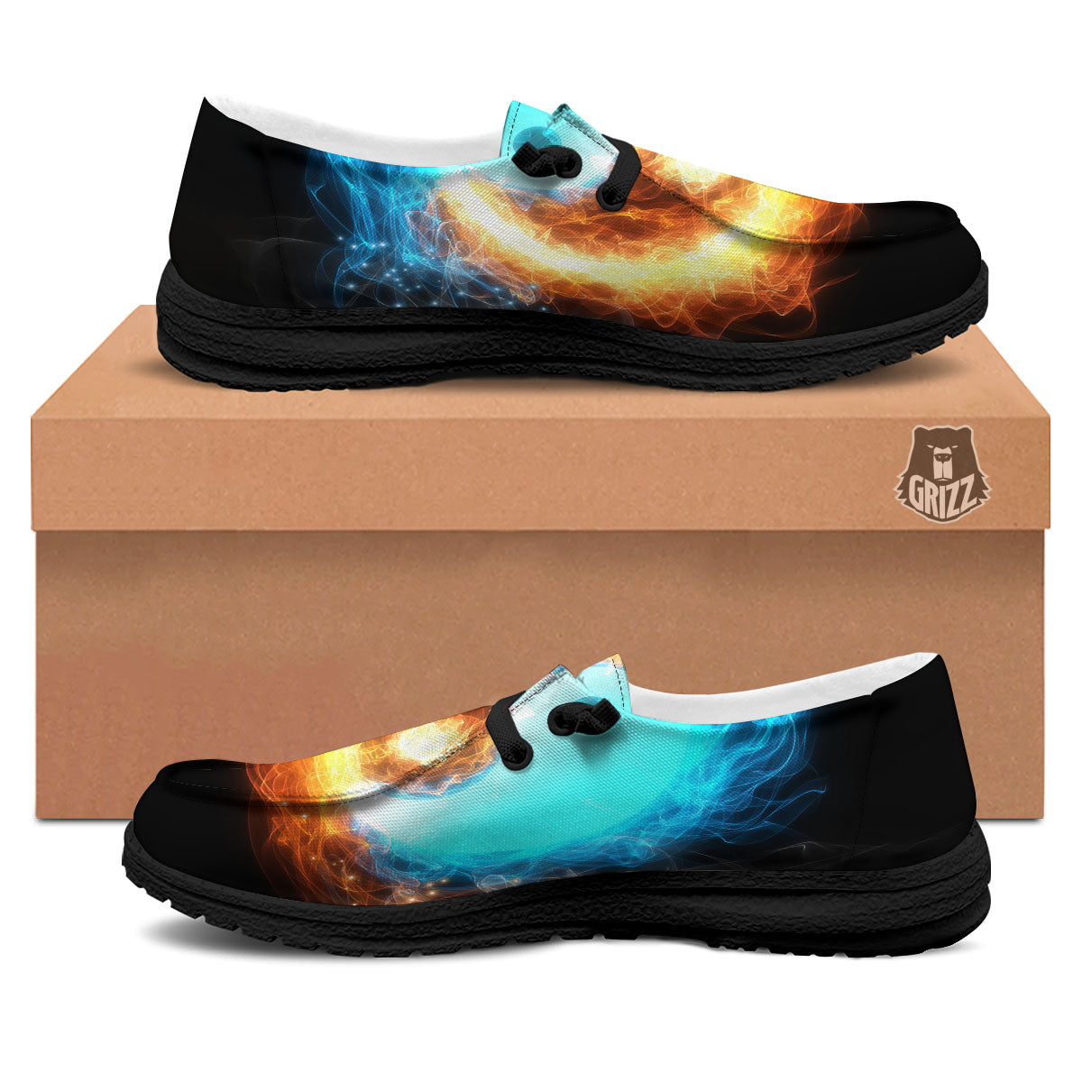 Ice And Fire Sparkle Yin Yang Print Black Loafers-grizzshop