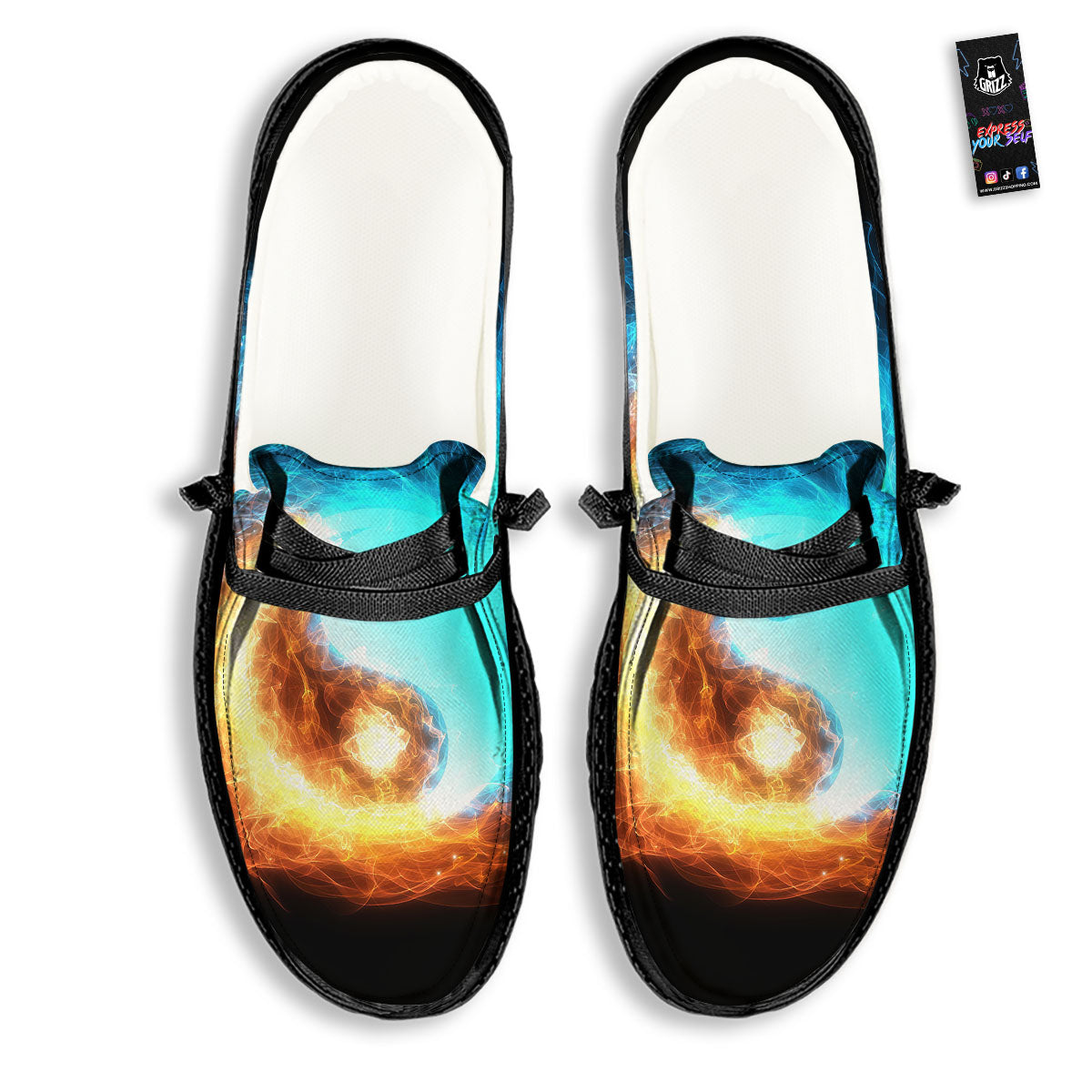 Ice And Fire Sparkle Yin Yang Print Black Loafers-grizzshop