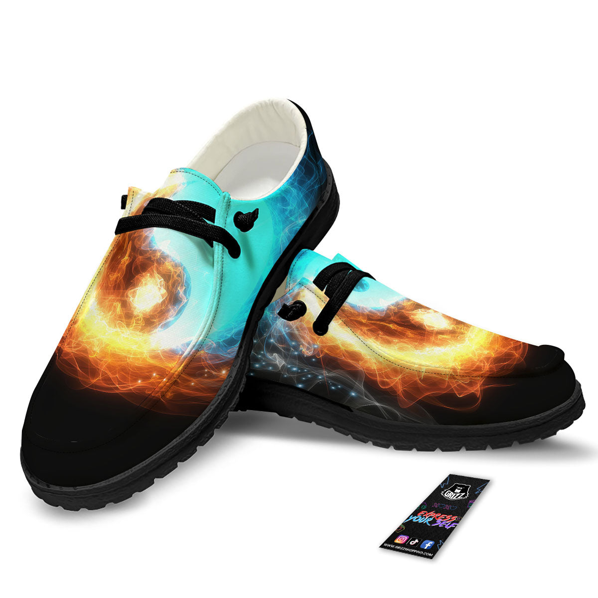 Ice And Fire Sparkle Yin Yang Print Black Loafers-grizzshop