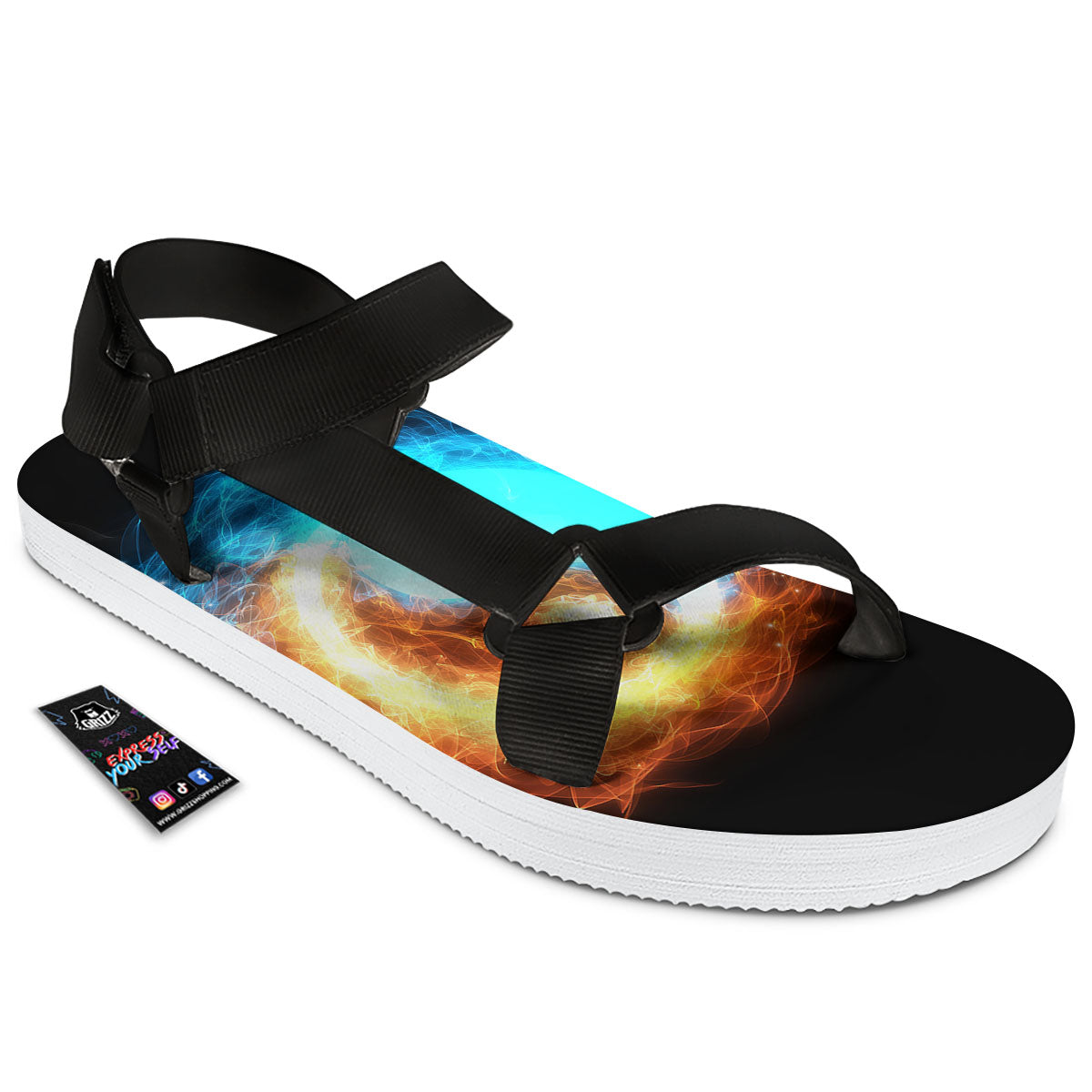 Ice And Fire Sparkle Yin Yang Print Black Open Toe Sandals-grizzshop
