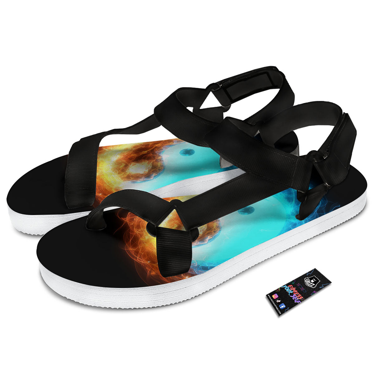 Ice And Fire Sparkle Yin Yang Print Black Open Toe Sandals-grizzshop