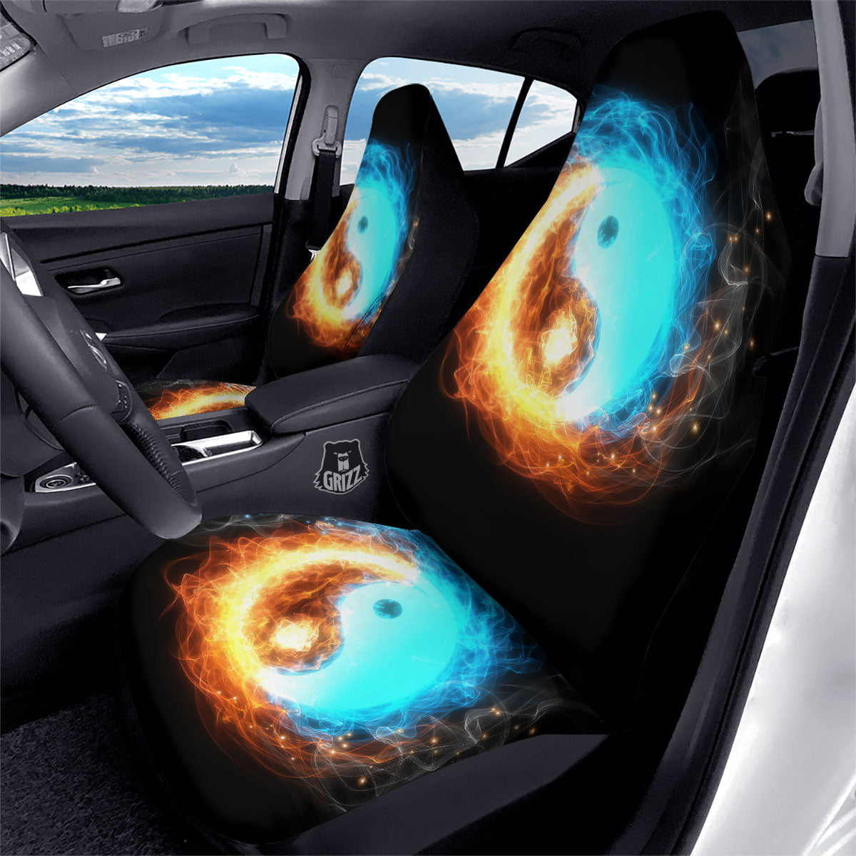 Ice And Fire Sparkle Yin Yang Print Car Seat Covers-grizzshop