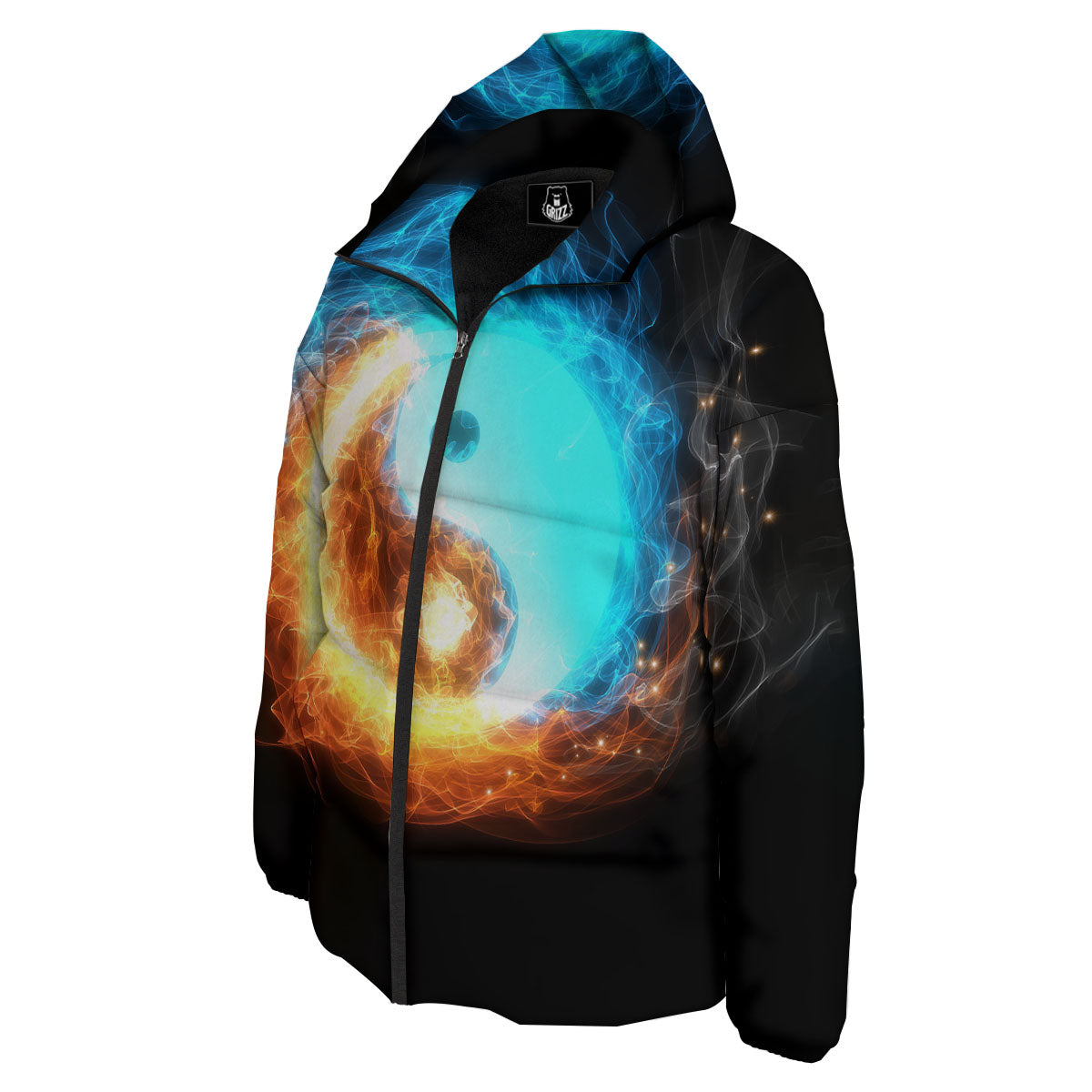 Ice And Fire Sparkle Yin Yang Print Down Jacket-grizzshop