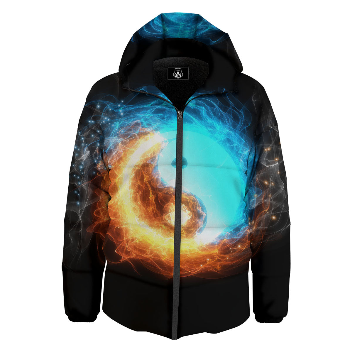 Ice And Fire Sparkle Yin Yang Print Down Jacket-grizzshop