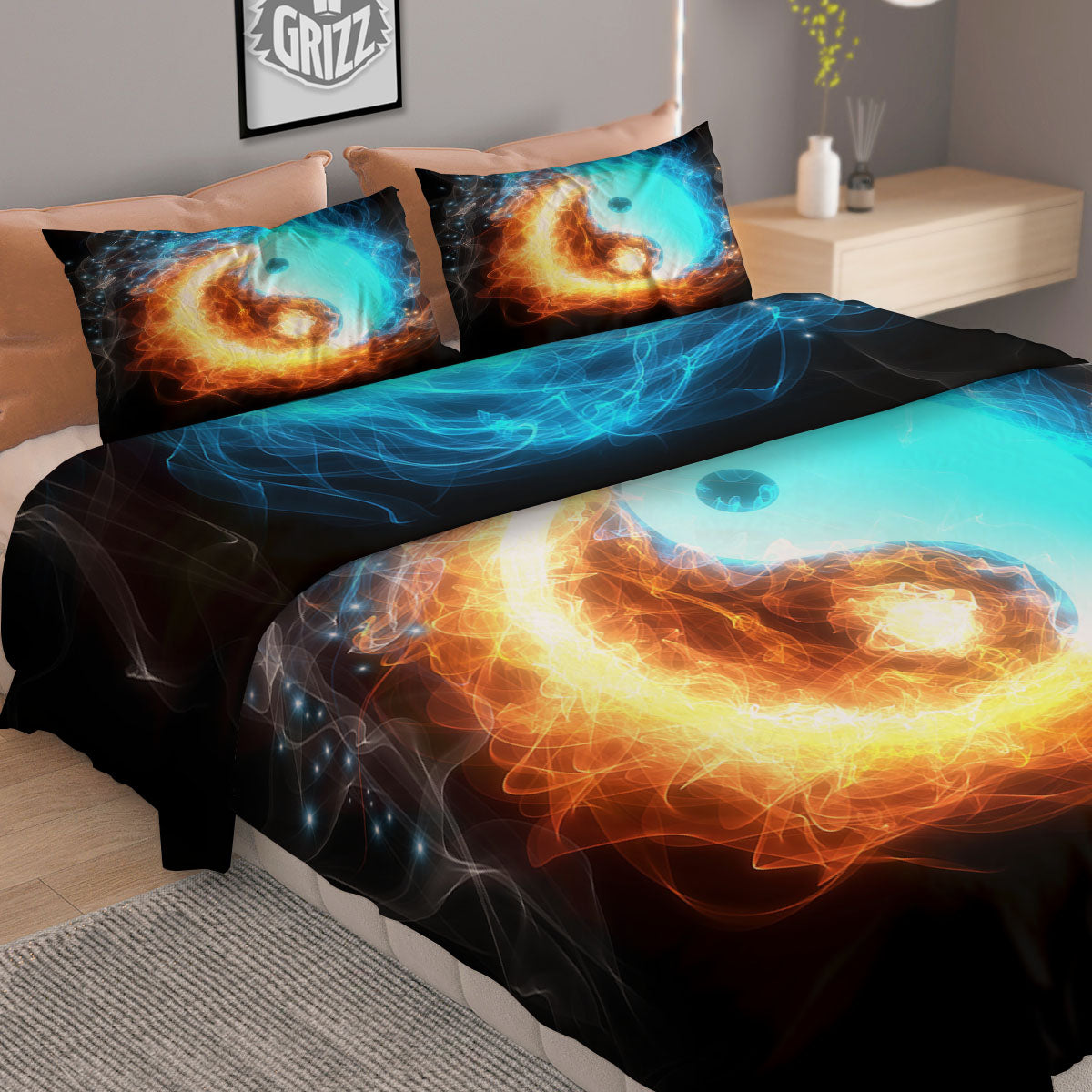 Ice And Fire Sparkle Yin Yang Print Duvet Cover Bedding Set