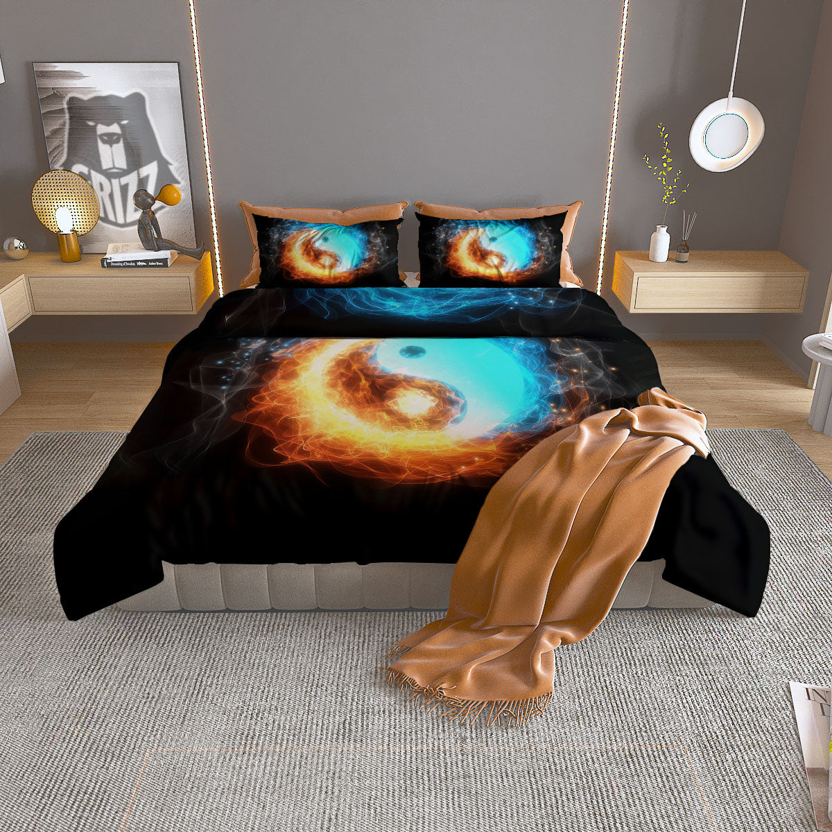 Ice And Fire Sparkle Yin Yang Print Duvet Cover Bedding Set