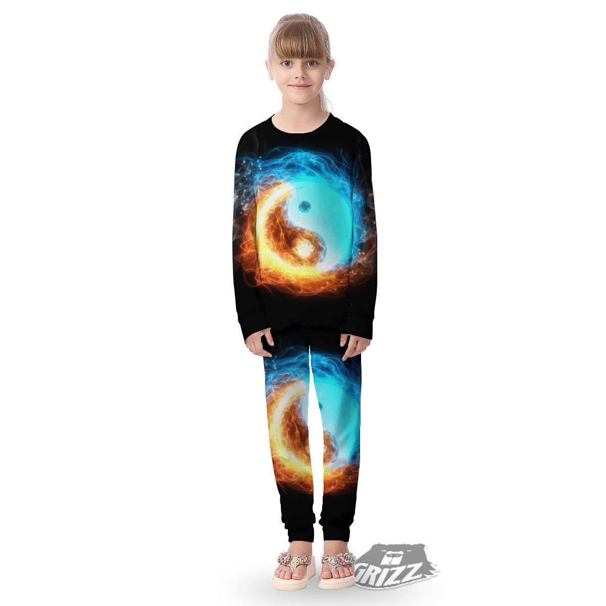 Ice And Fire Sparkle Yin Yang Print Kid's Pajamas-grizzshop