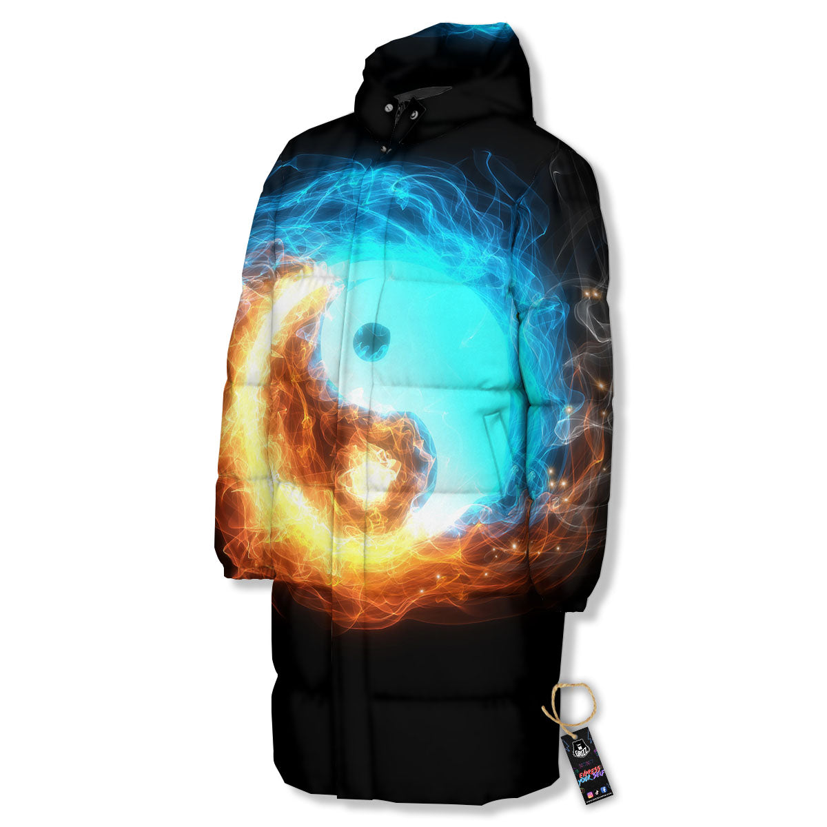 Ice And Fire Sparkle Yin Yang Print Long Down Jacket-grizzshop