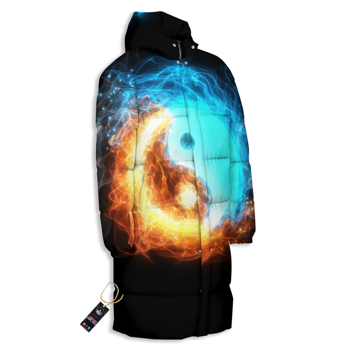 Ice And Fire Sparkle Yin Yang Print Long Down Jacket-grizzshop