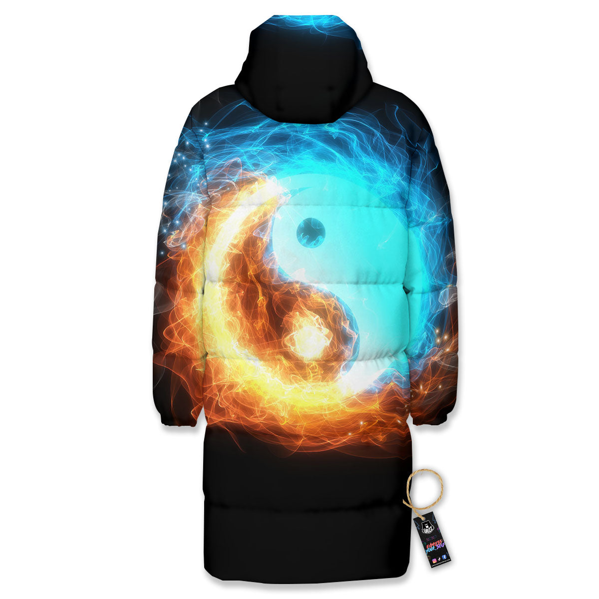 Ice And Fire Sparkle Yin Yang Print Long Down Jacket-grizzshop