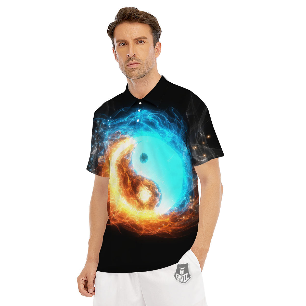 Ice And Fire Sparkle Yin Yang Print Men's Golf Shirts-grizzshop