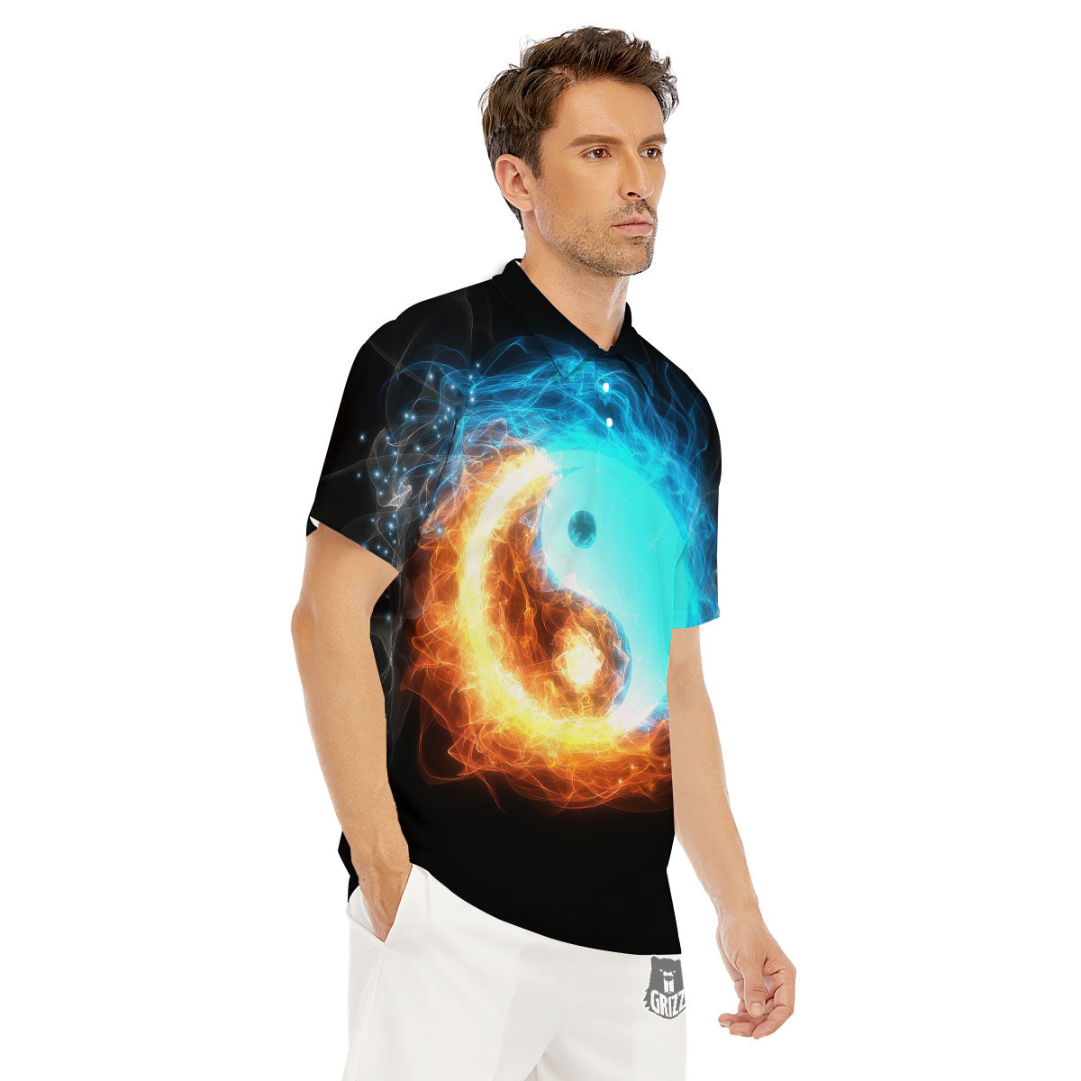 Ice And Fire Sparkle Yin Yang Print Men's Golf Shirts-grizzshop