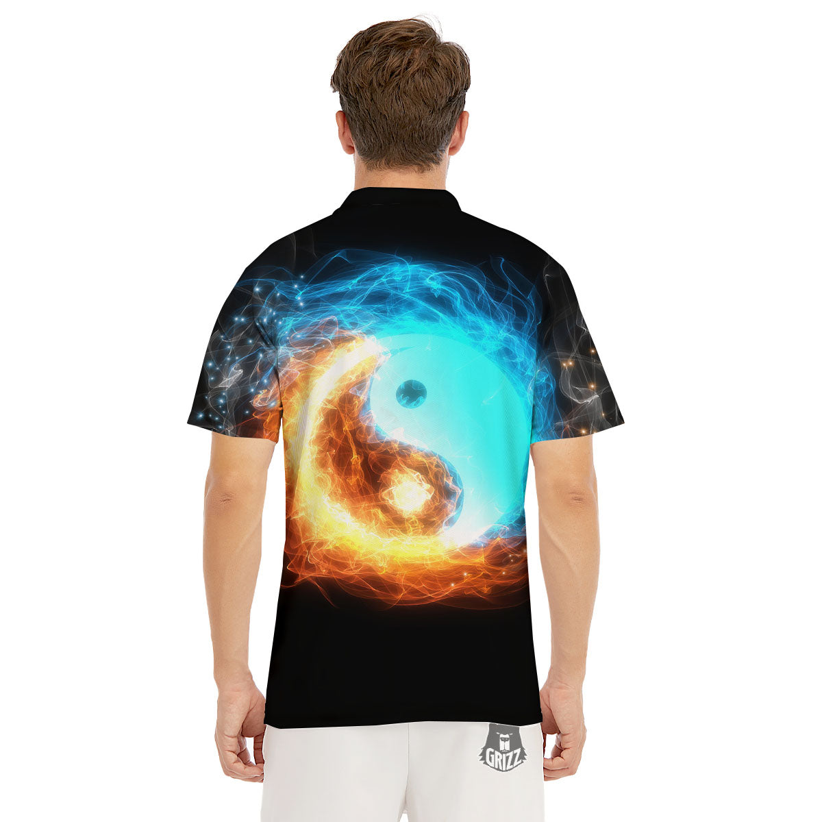 Ice And Fire Sparkle Yin Yang Print Men's Golf Shirts-grizzshop