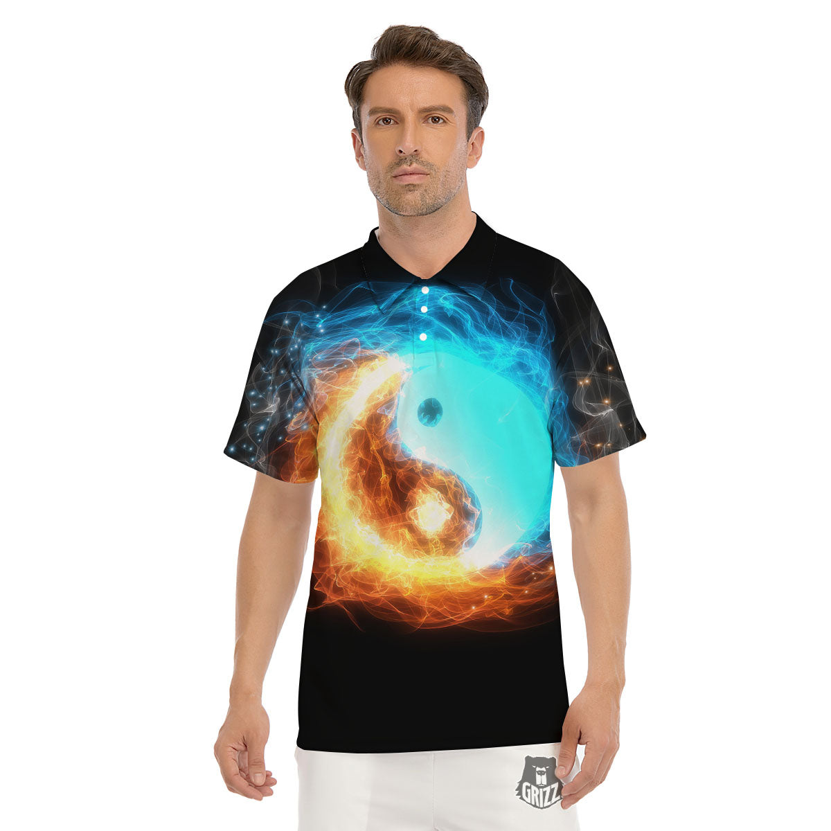 Ice And Fire Sparkle Yin Yang Print Men's Golf Shirts-grizzshop