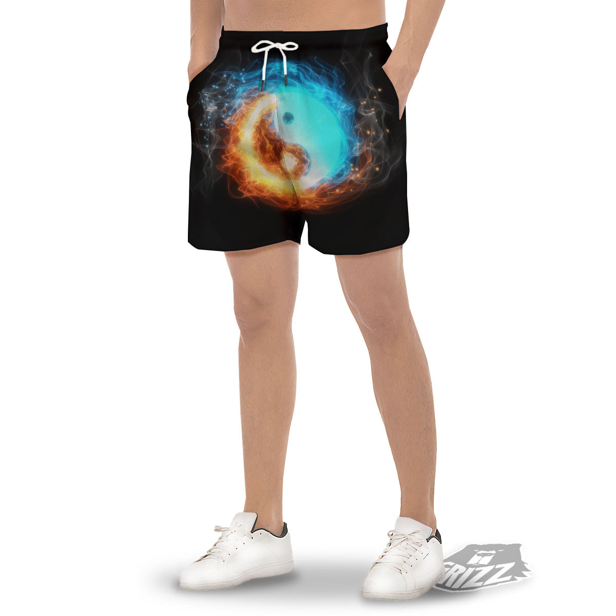 Ice And Fire Sparkle Yin Yang Print Men's Gym Shorts-grizzshop