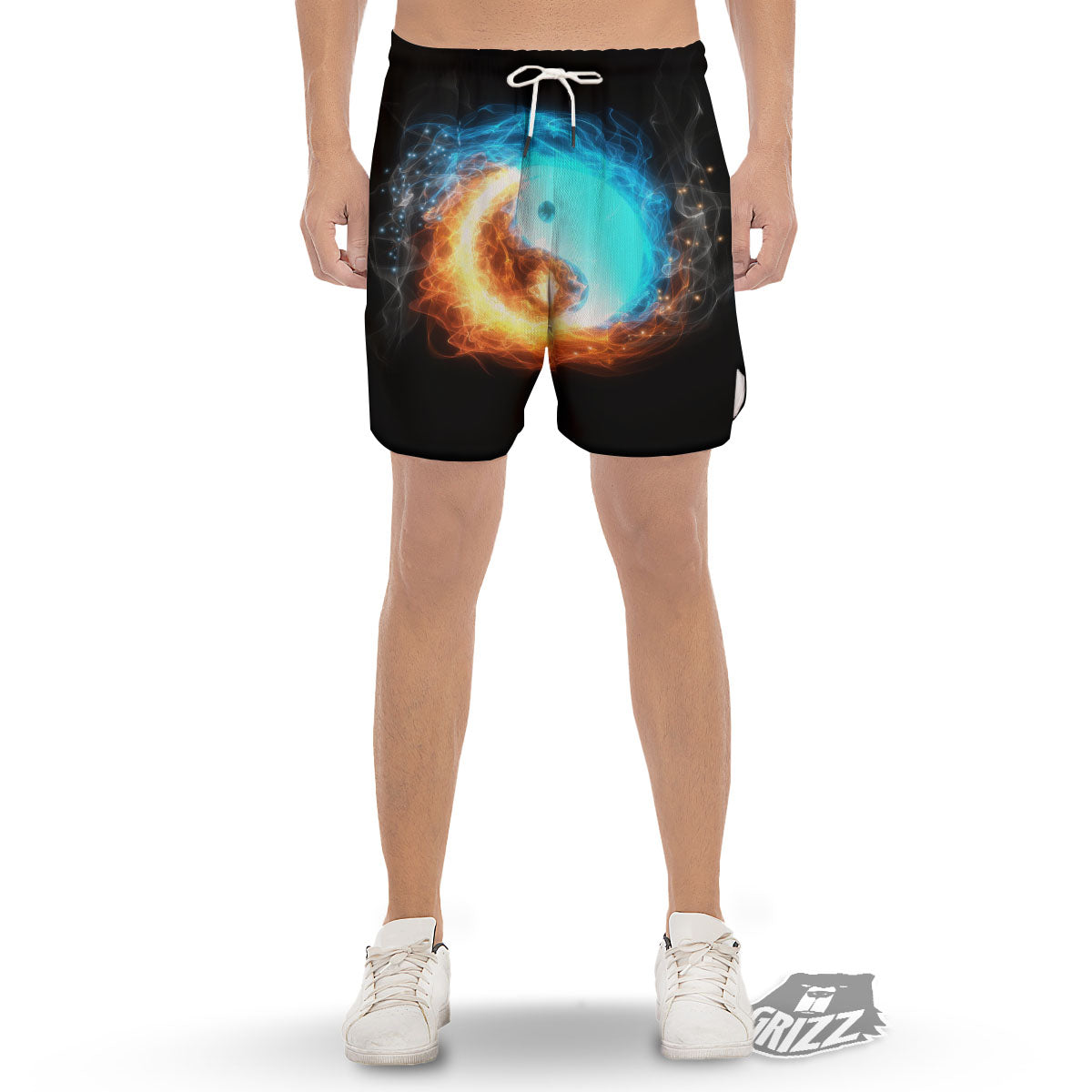 Ice And Fire Sparkle Yin Yang Print Men's Gym Shorts-grizzshop