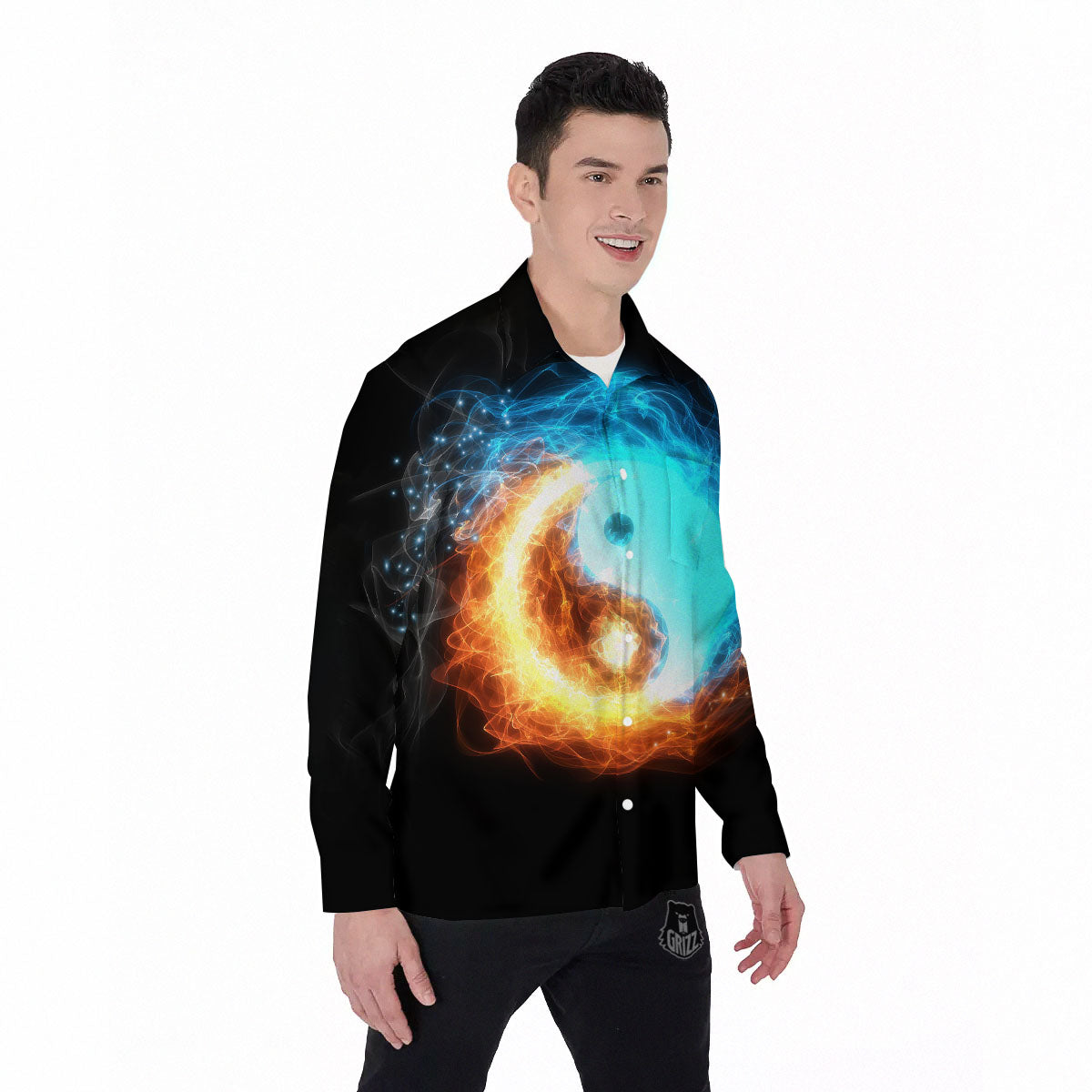 Ice And Fire Sparkle Yin Yang Print Men's Long Sleeve Shirts-grizzshop