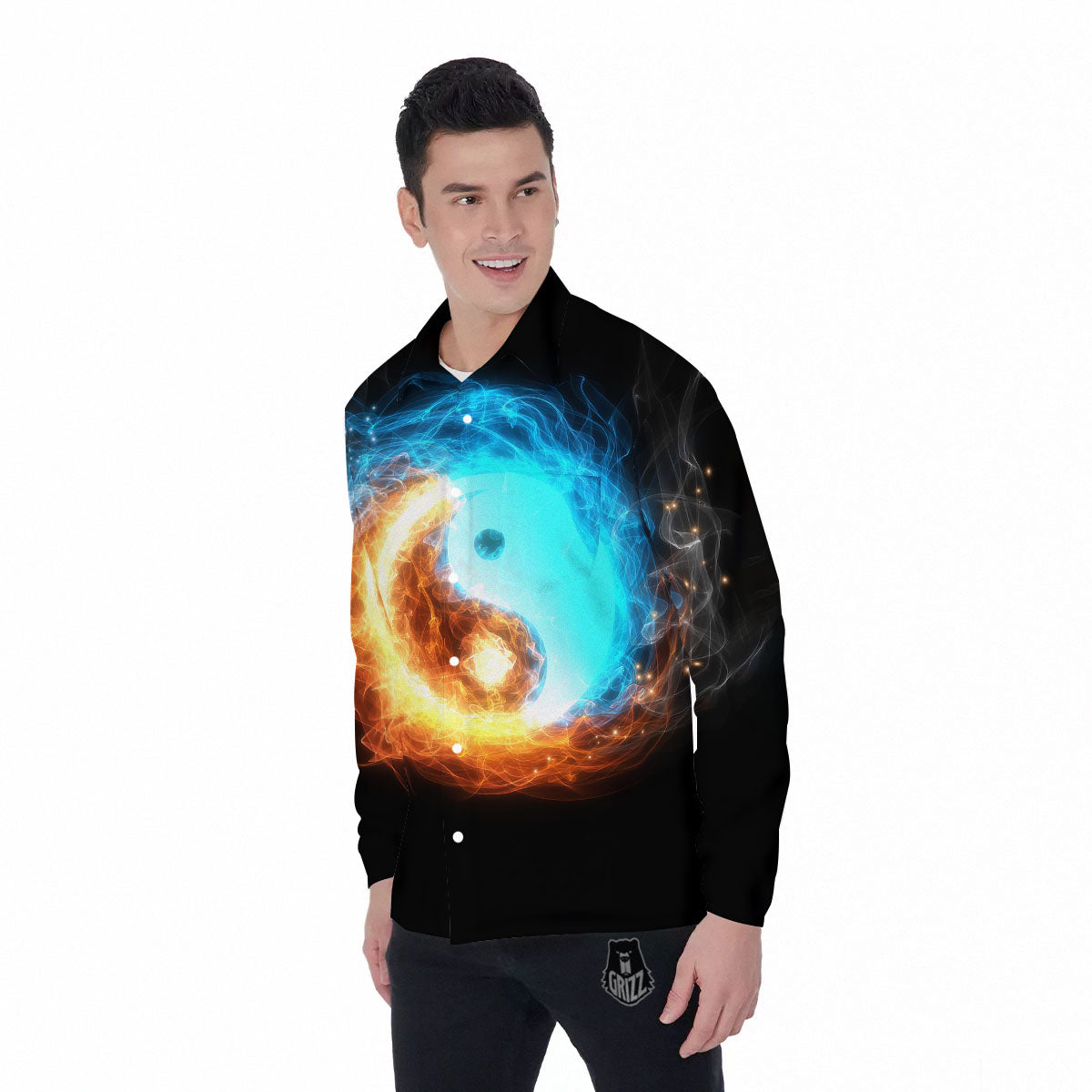 Ice And Fire Sparkle Yin Yang Print Men's Long Sleeve Shirts-grizzshop