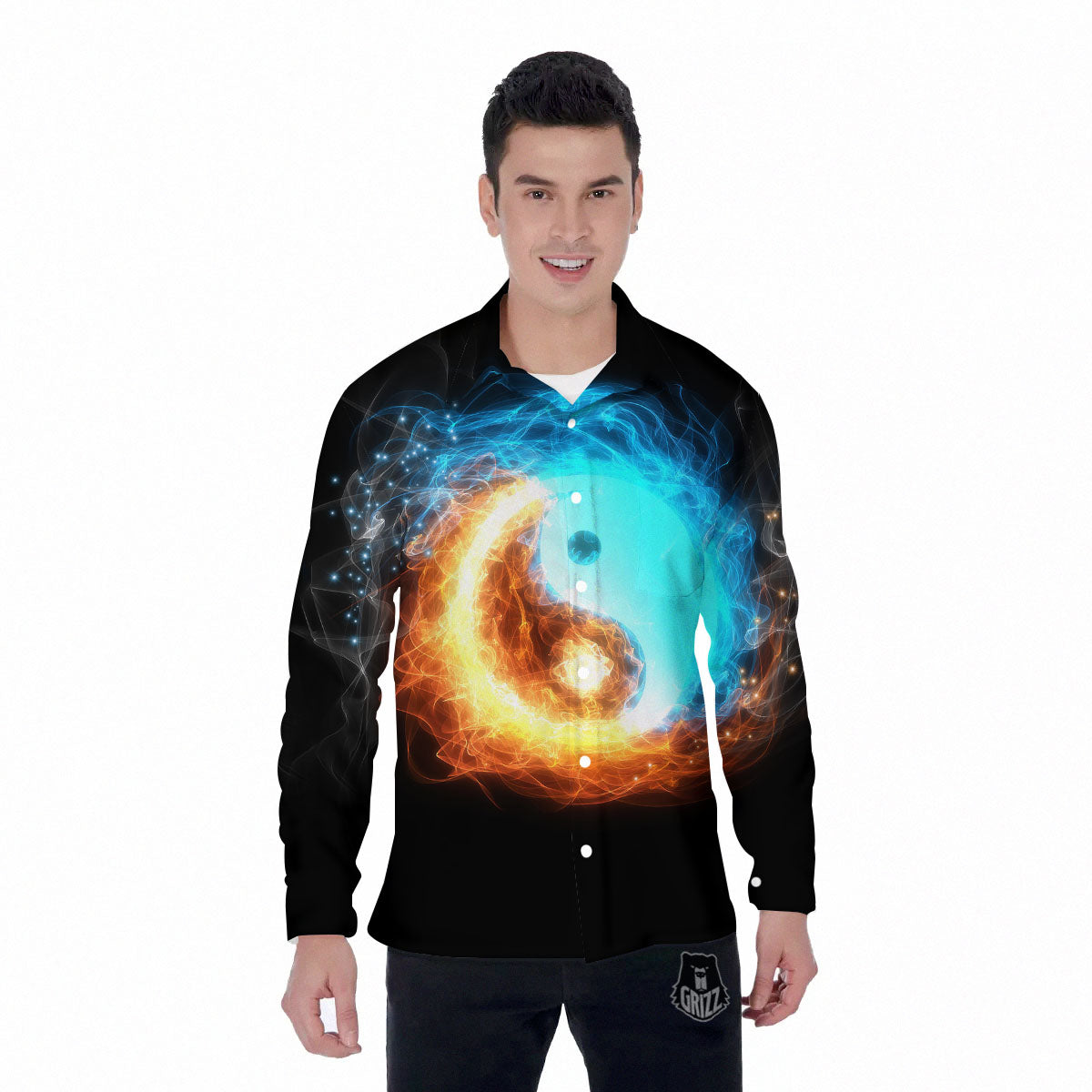 Ice And Fire Sparkle Yin Yang Print Men's Long Sleeve Shirts-grizzshop