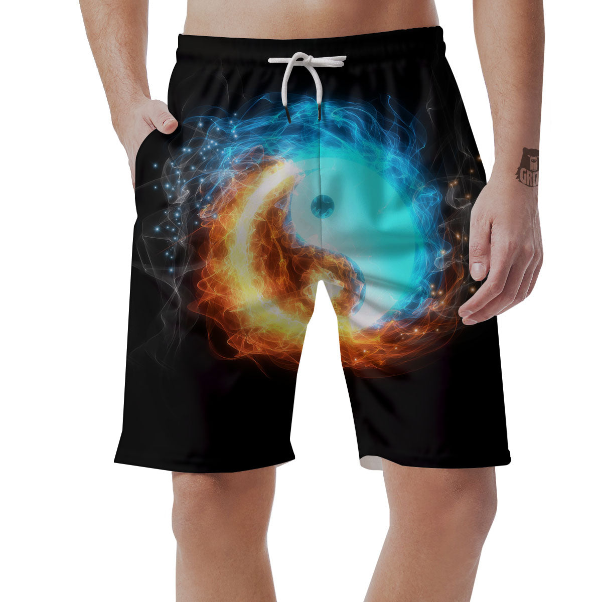 Ice And Fire Sparkle Yin Yang Print Men's Shorts-grizzshop
