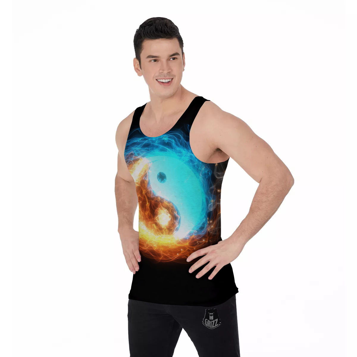 Ice And Fire Sparkle Yin Yang Print Men's Tank Top-grizzshop