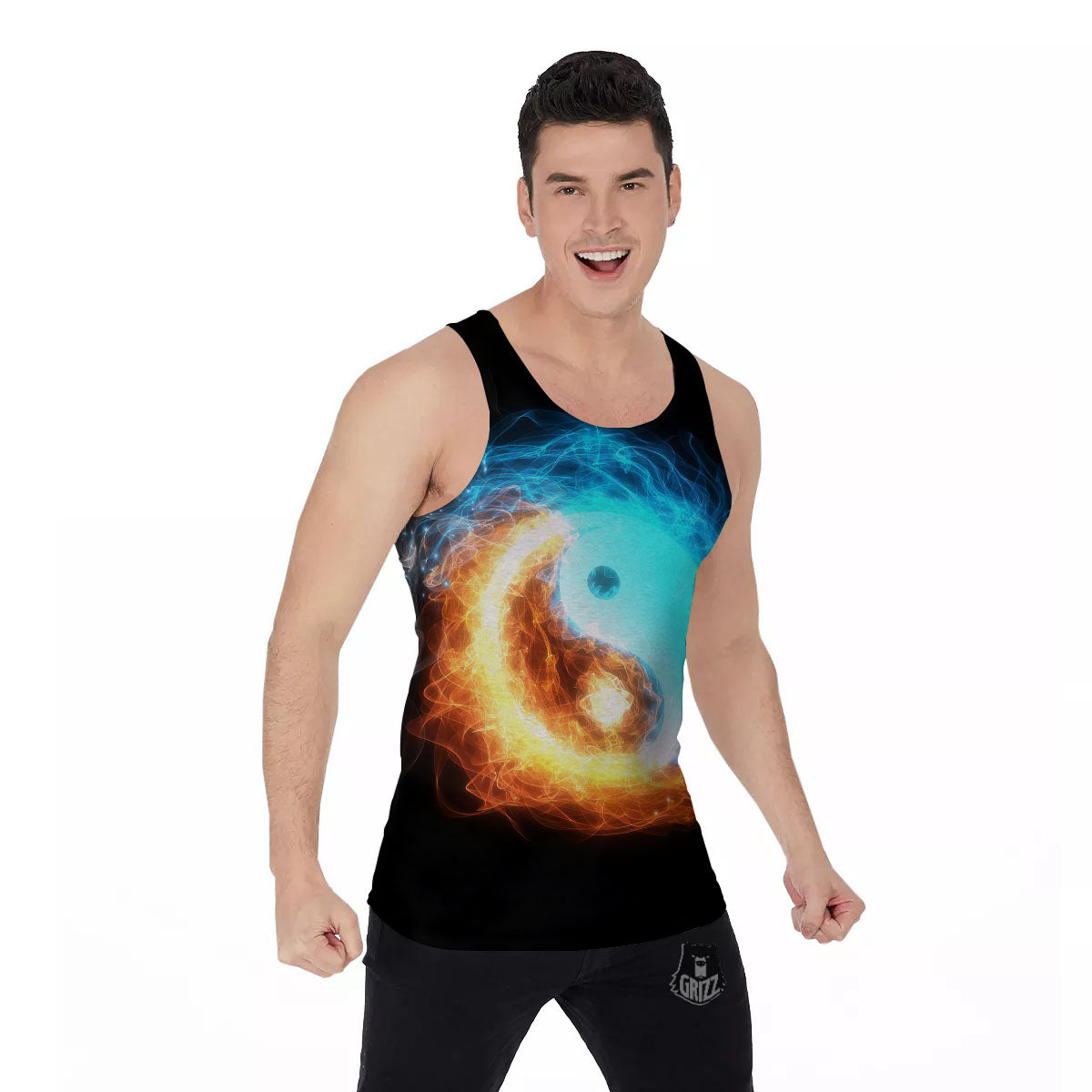 Ice And Fire Sparkle Yin Yang Print Men's Tank Top-grizzshop