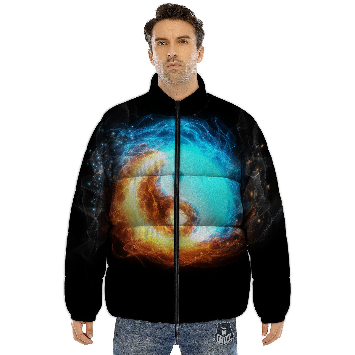 Ice And Fire Sparkle Yin Yang Print Puffer Jacket-grizzshop