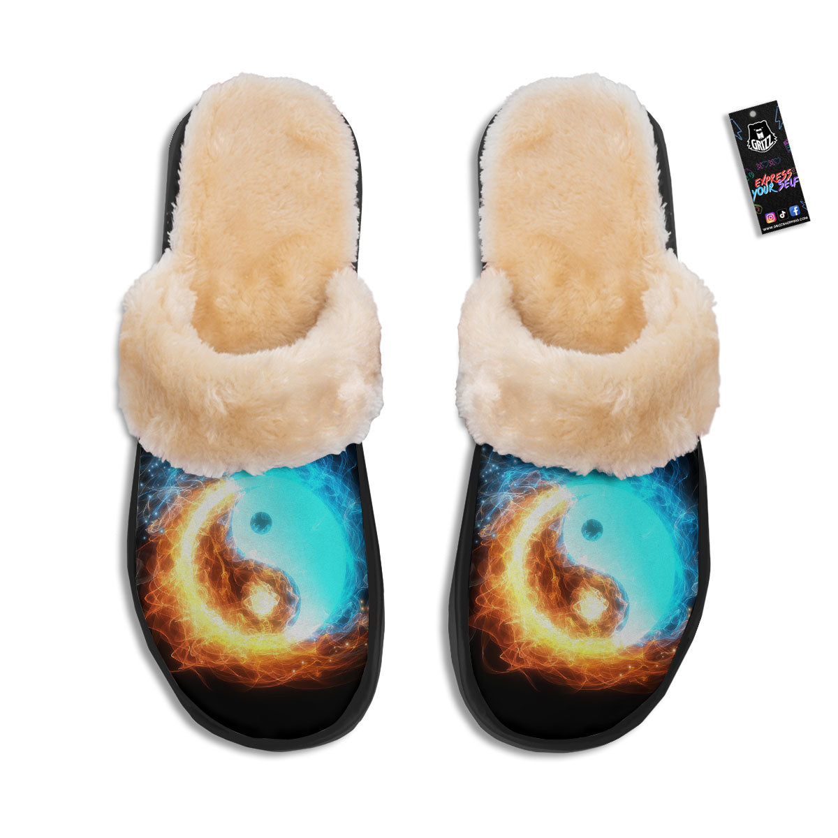 Ice And Fire Sparkle Yin Yang Print Slippers-grizzshop
