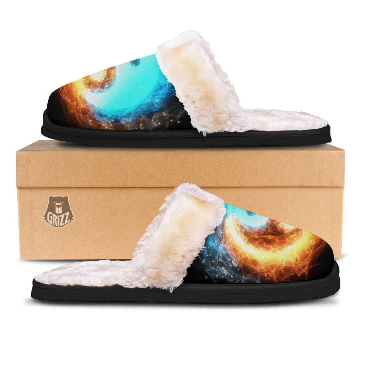 Ice And Fire Sparkle Yin Yang Print Slippers-grizzshop