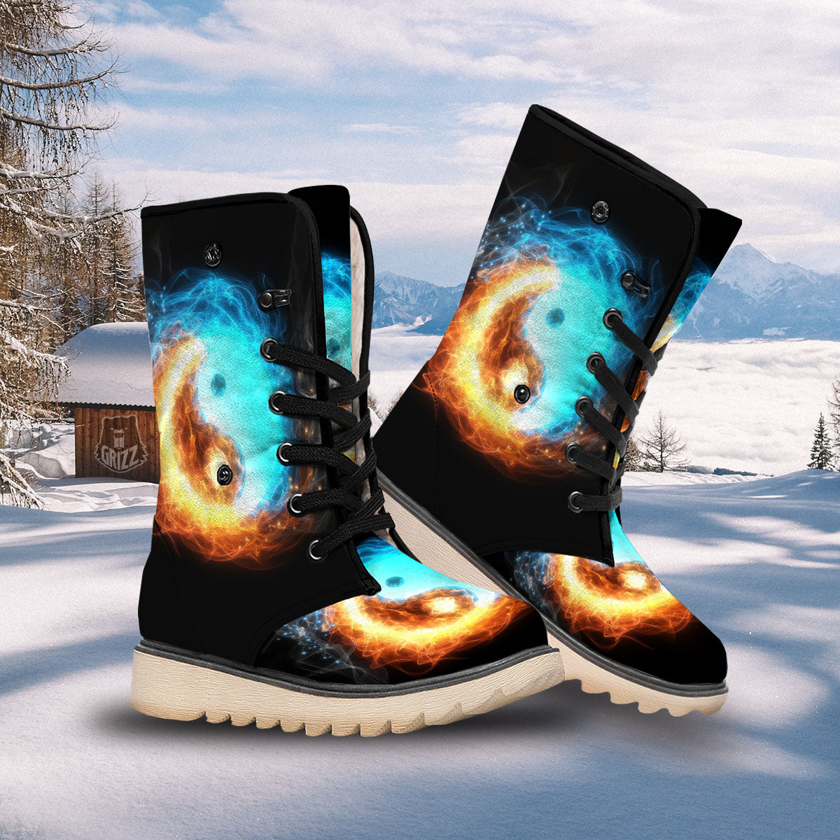 Ice And Fire Sparkle Yin Yang Print Snow Boots-grizzshop