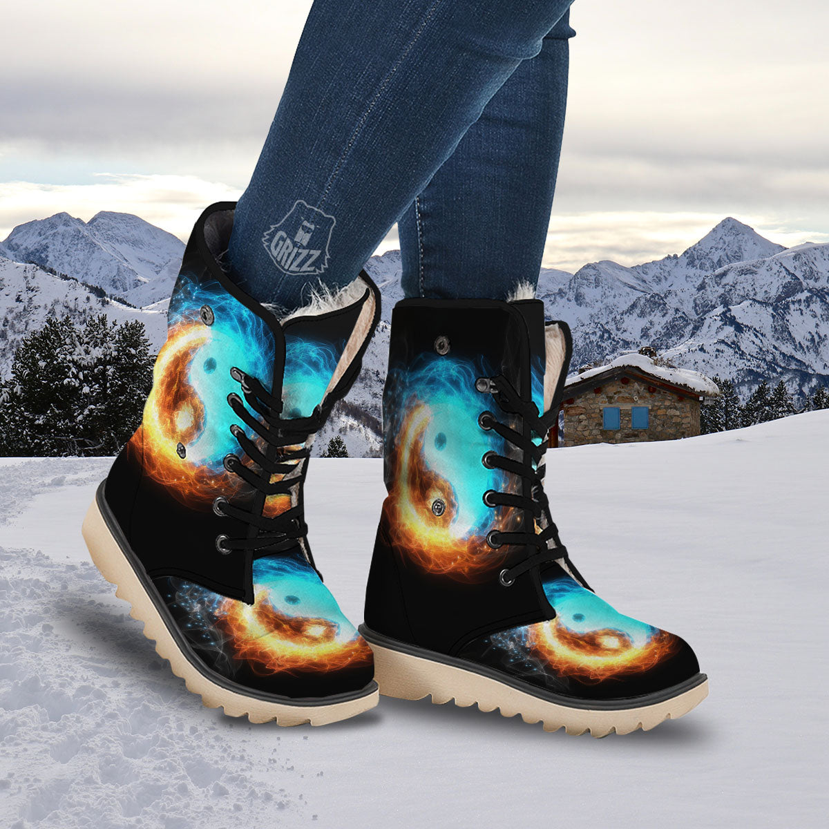 Ice And Fire Sparkle Yin Yang Print Snow Boots-grizzshop