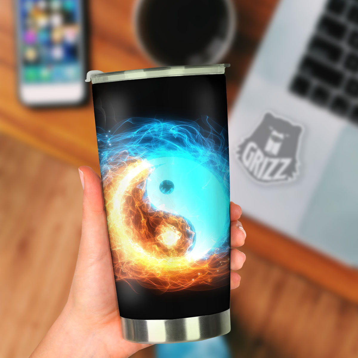 Ice And Fire Sparkle Yin Yang Print Tumbler-grizzshop
