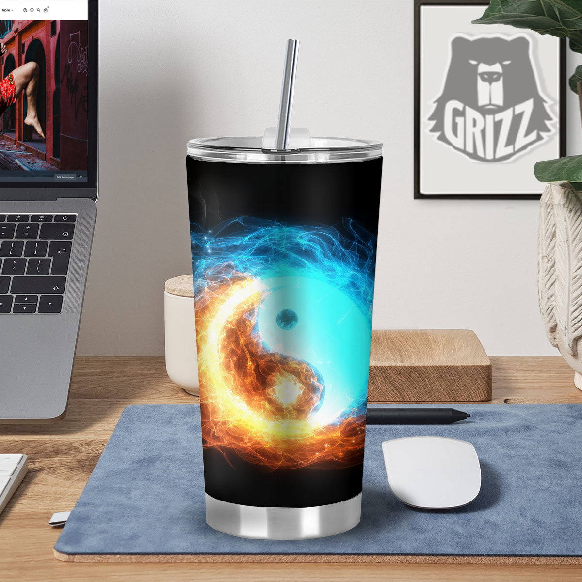 Ice And Fire Sparkle Yin Yang Print Tumbler-grizzshop
