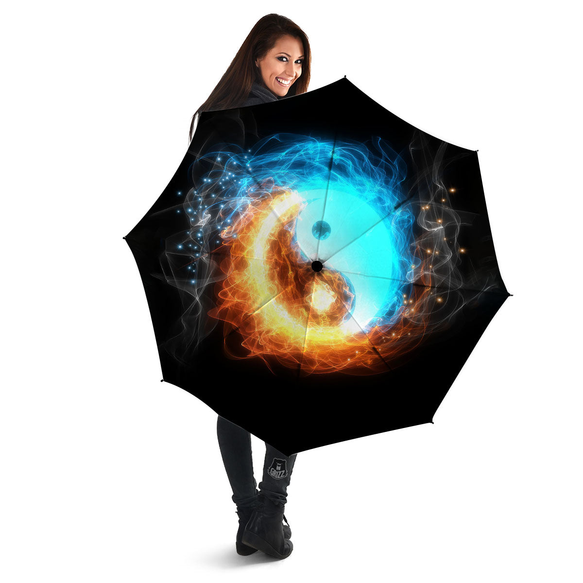 Ice And Fire Sparkle Yin Yang Print Umbrella-grizzshop