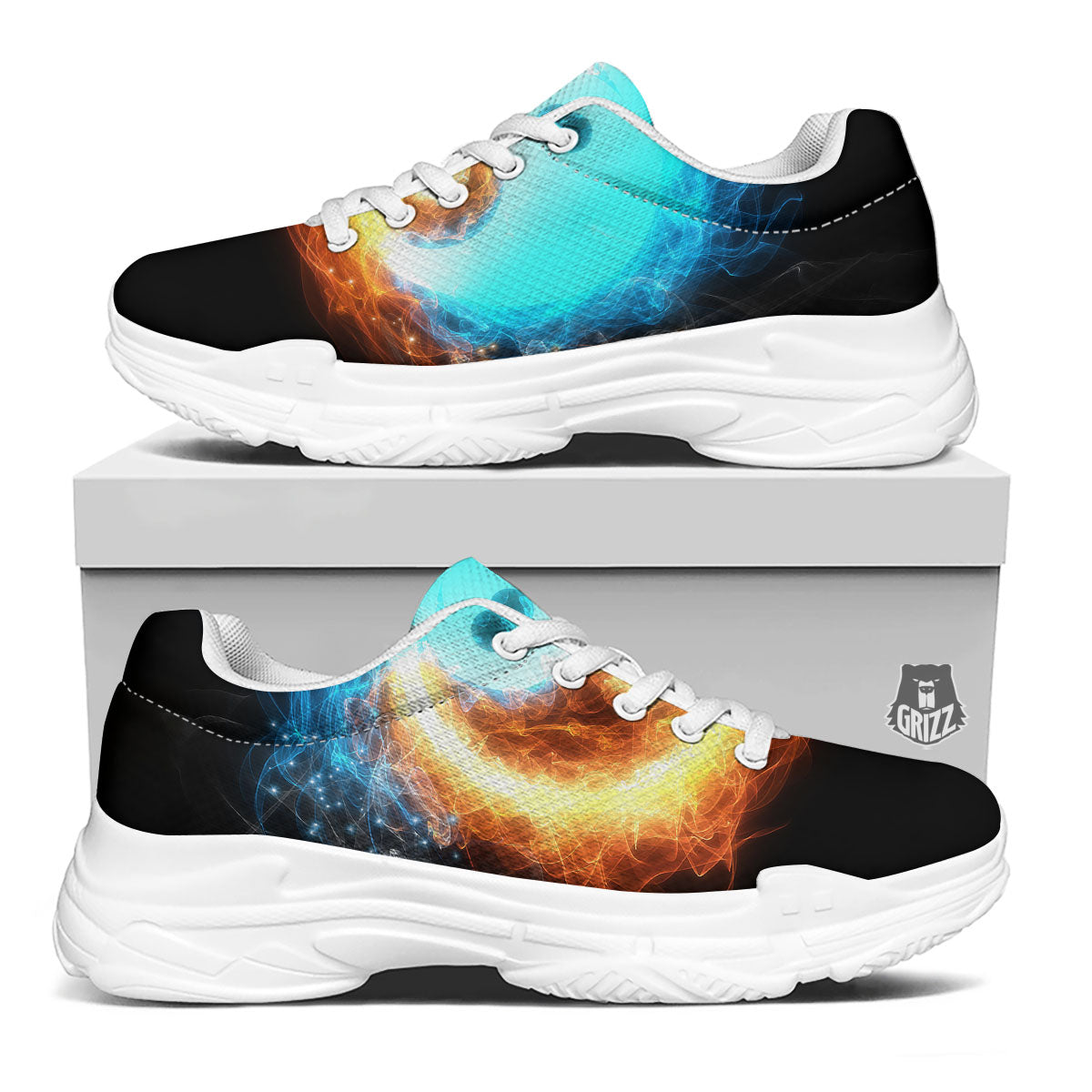 Ice And Fire Sparkle Yin Yang Print White Chunky Shoes-grizzshop