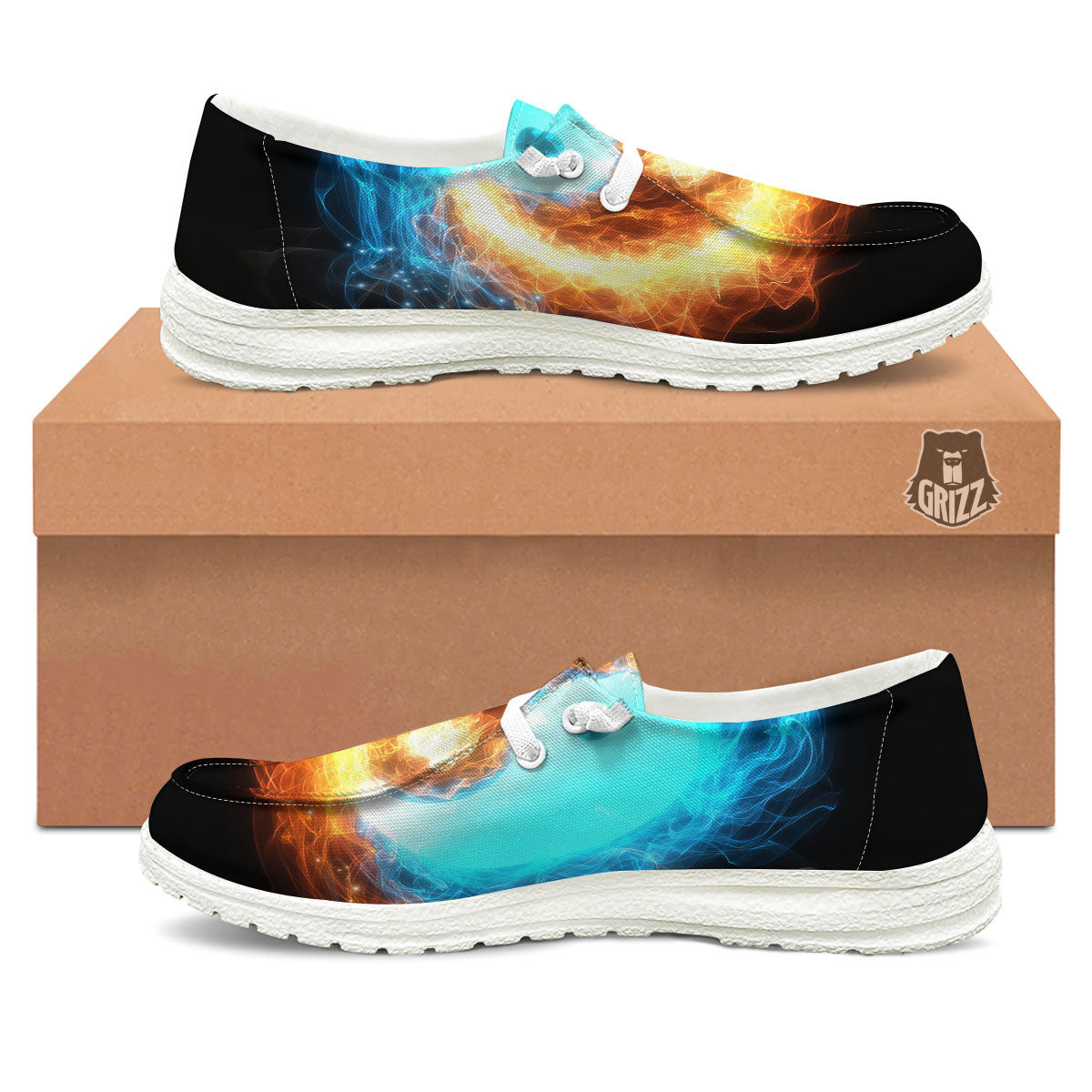 Ice And Fire Sparkle Yin Yang Print White Loafers-grizzshop