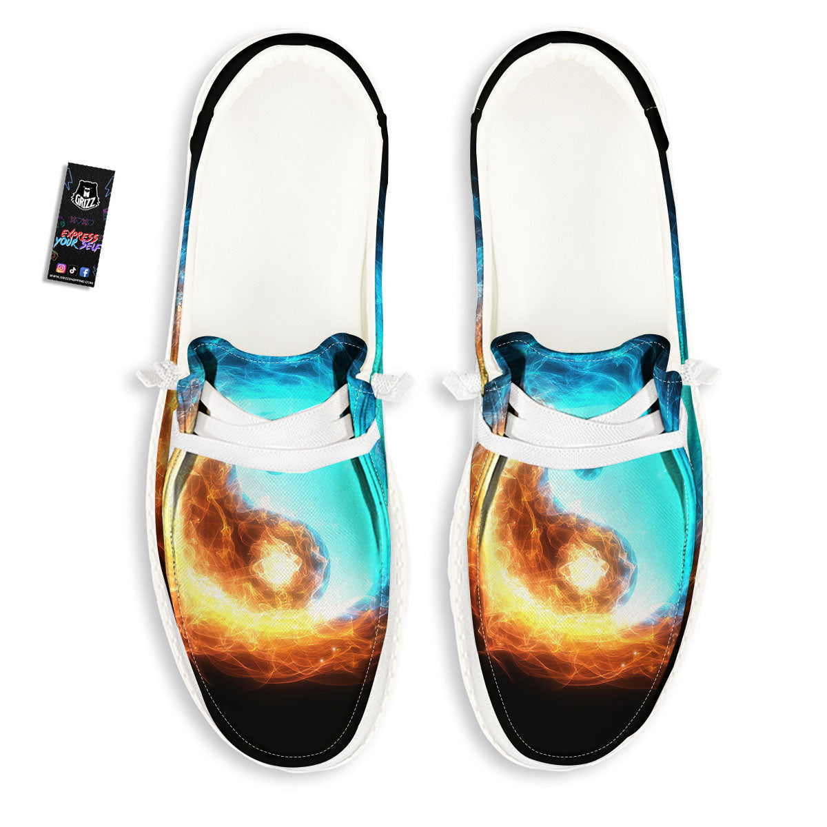 Ice And Fire Sparkle Yin Yang Print White Loafers-grizzshop