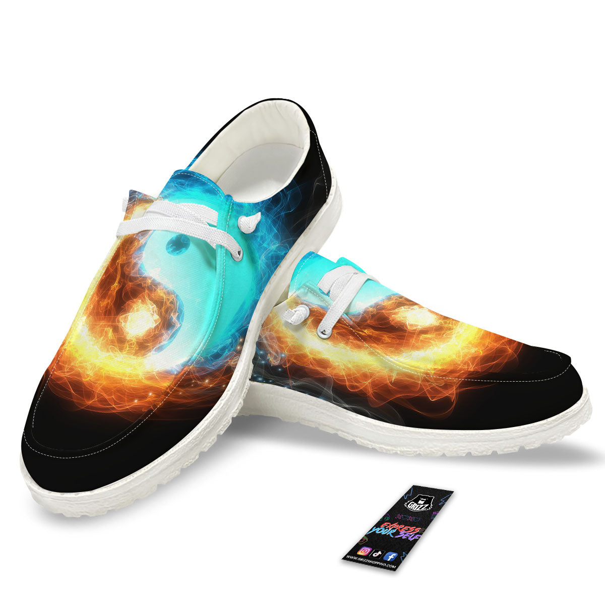 Ice And Fire Sparkle Yin Yang Print White Loafers-grizzshop
