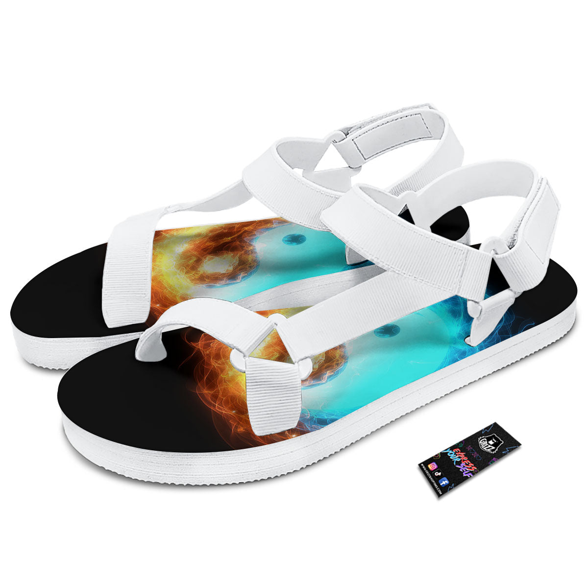 Ice And Fire Sparkle Yin Yang Print White Open Toe Sandals-grizzshop